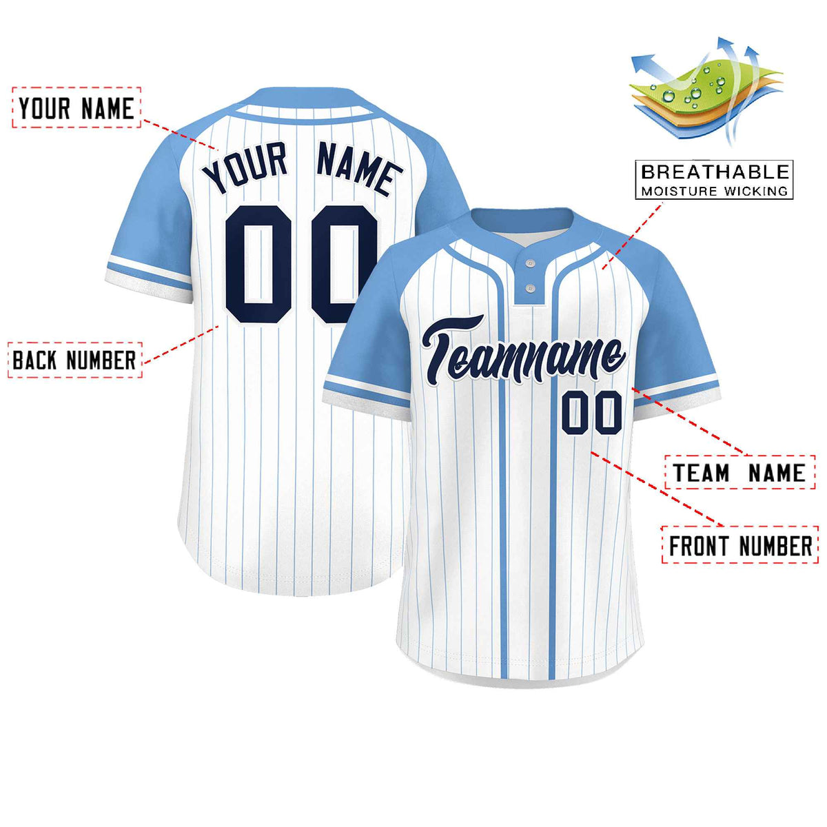 Custom White Light Blue Stripe Fashion Raglan Sleeves Authentic Two-Button Softball Jersey