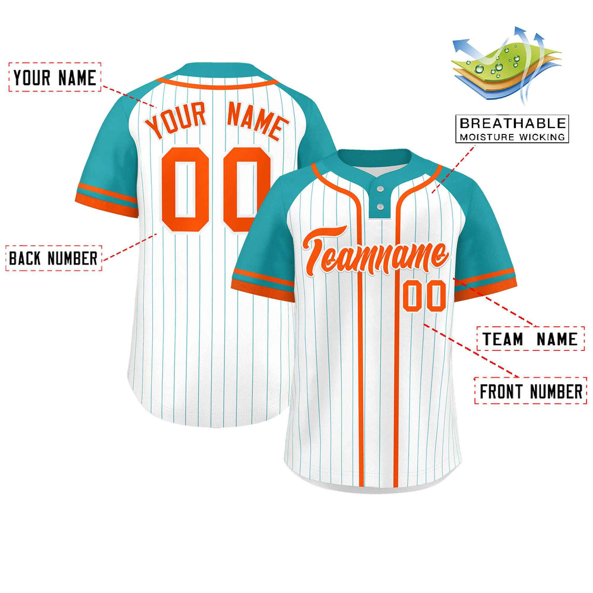 Custom White Aqua-Orange Stripe Fashion Raglan Sleeves Authentic Two-Button Softball Jersey