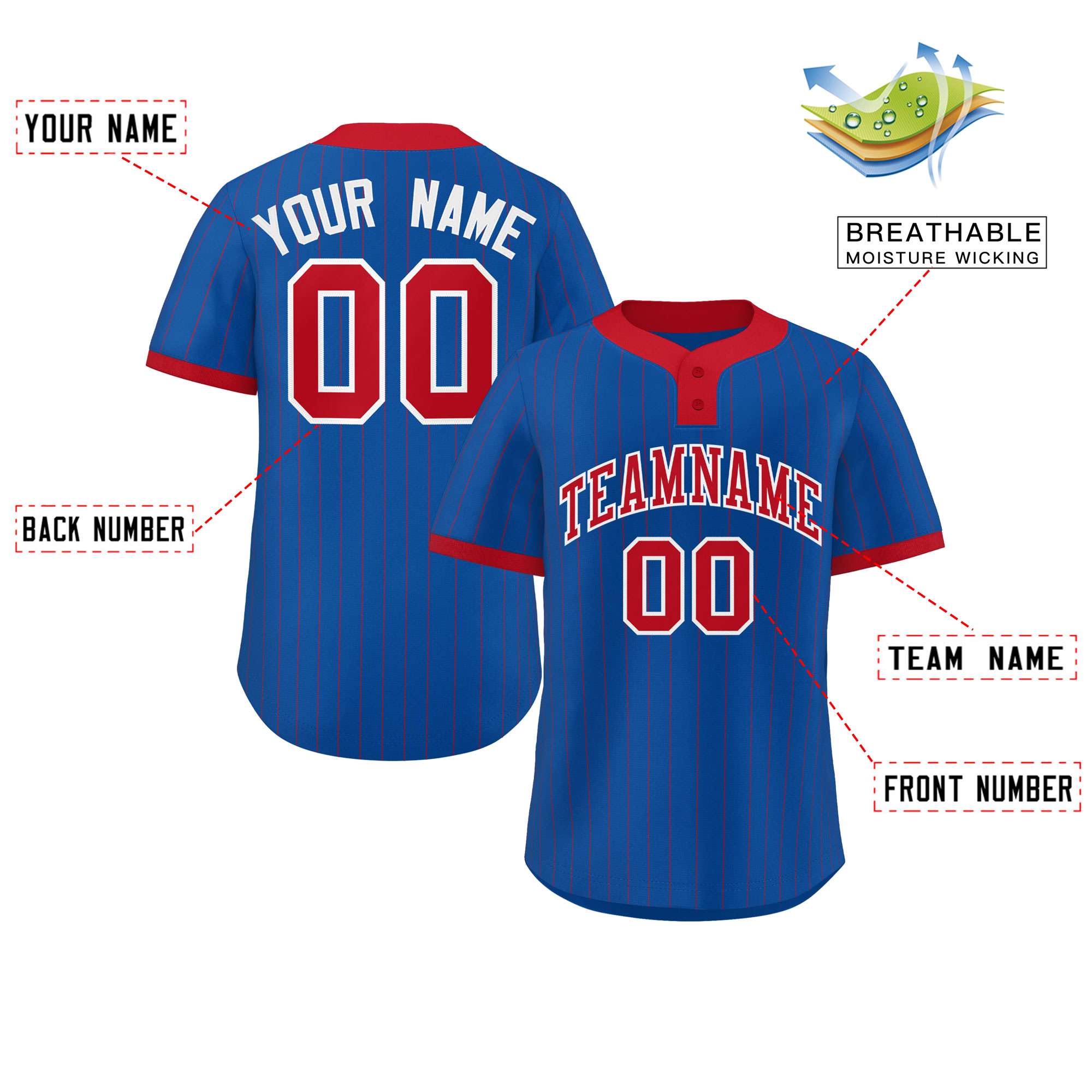 Custom Royal Red Stripe Fashion Authentic Two-Button Softball Jersey