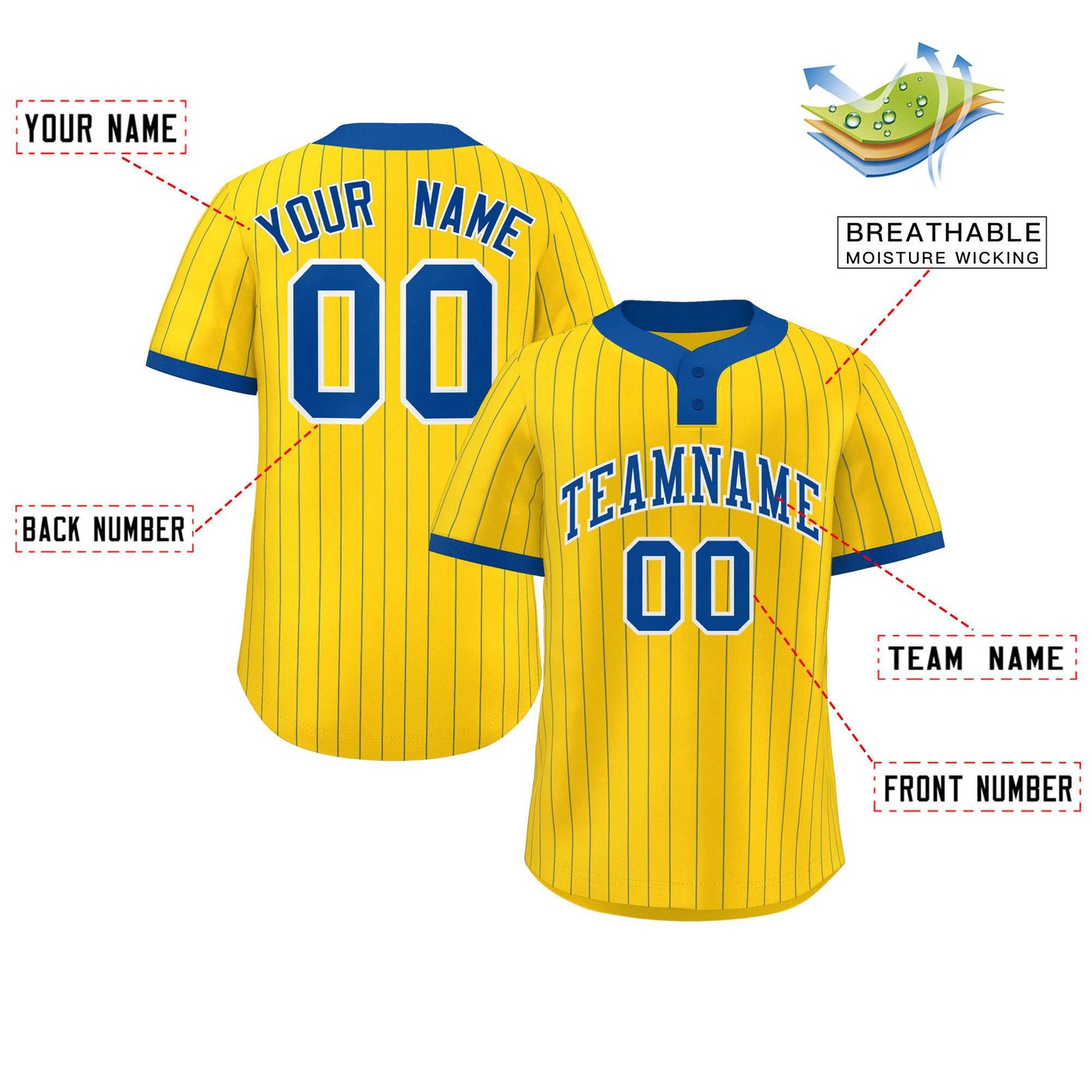 Custom Gold Royal Stripe Fashion Authentic Two-Button Softball Jersey