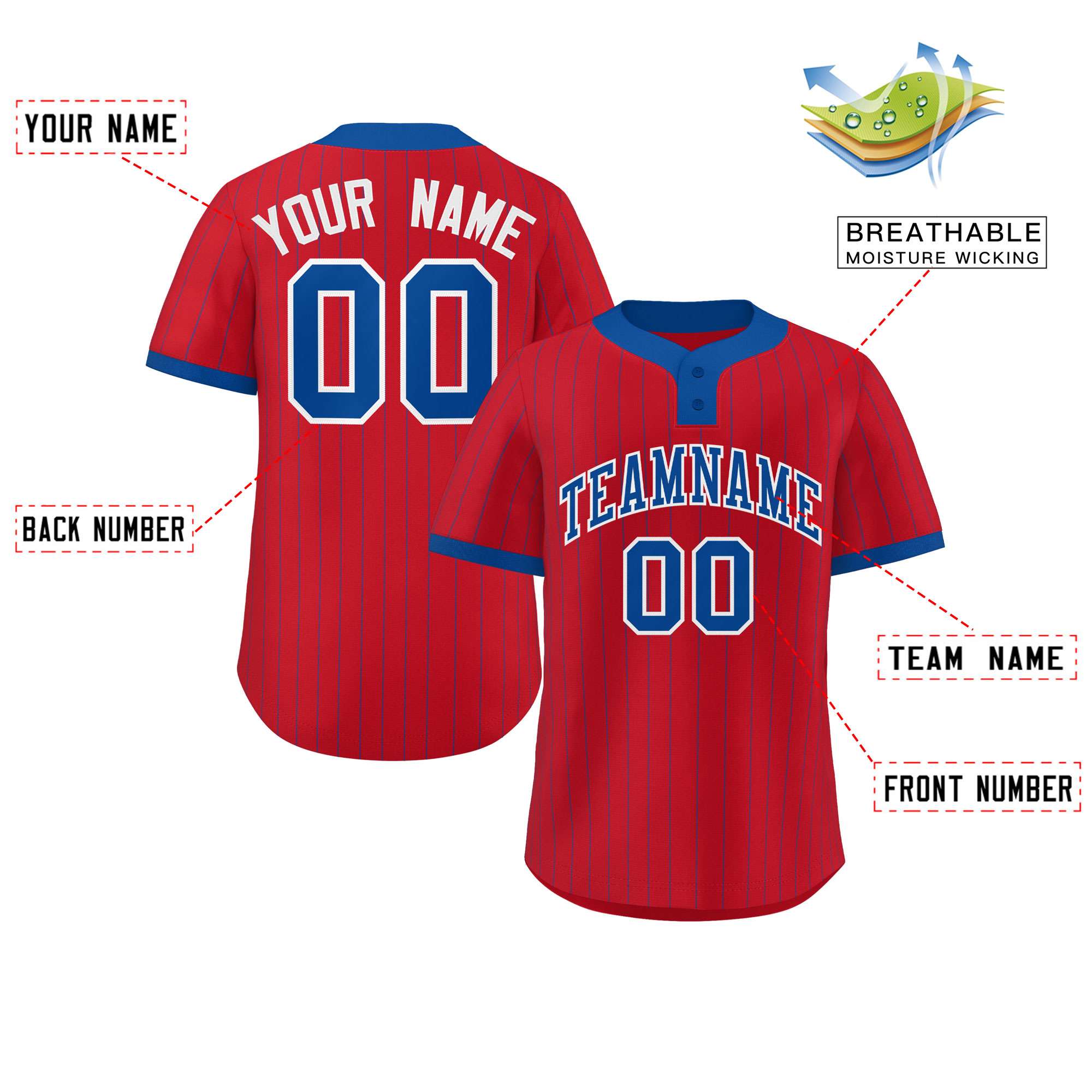 Custom Red Royal Stripe Fashion Authentic Two-Button Softball Jersey