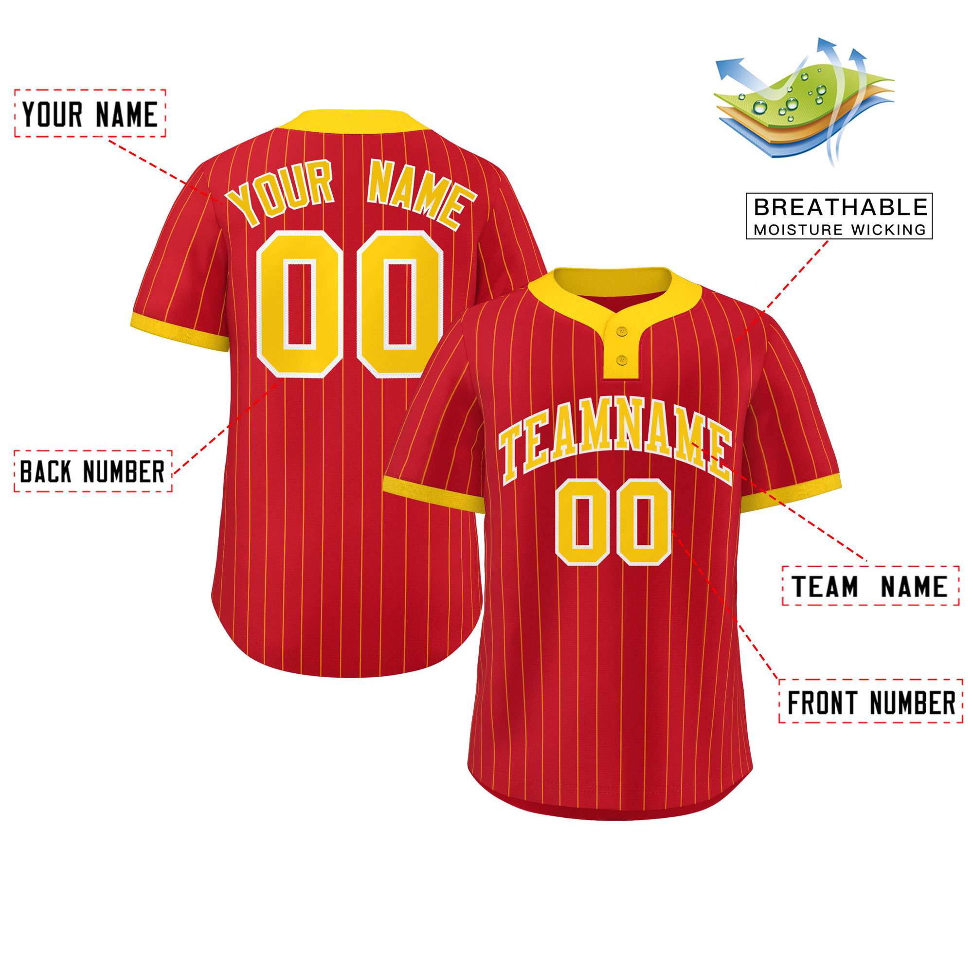 Custom Red Gold Stripe Fashion Authentic Two-Button Softball Jersey