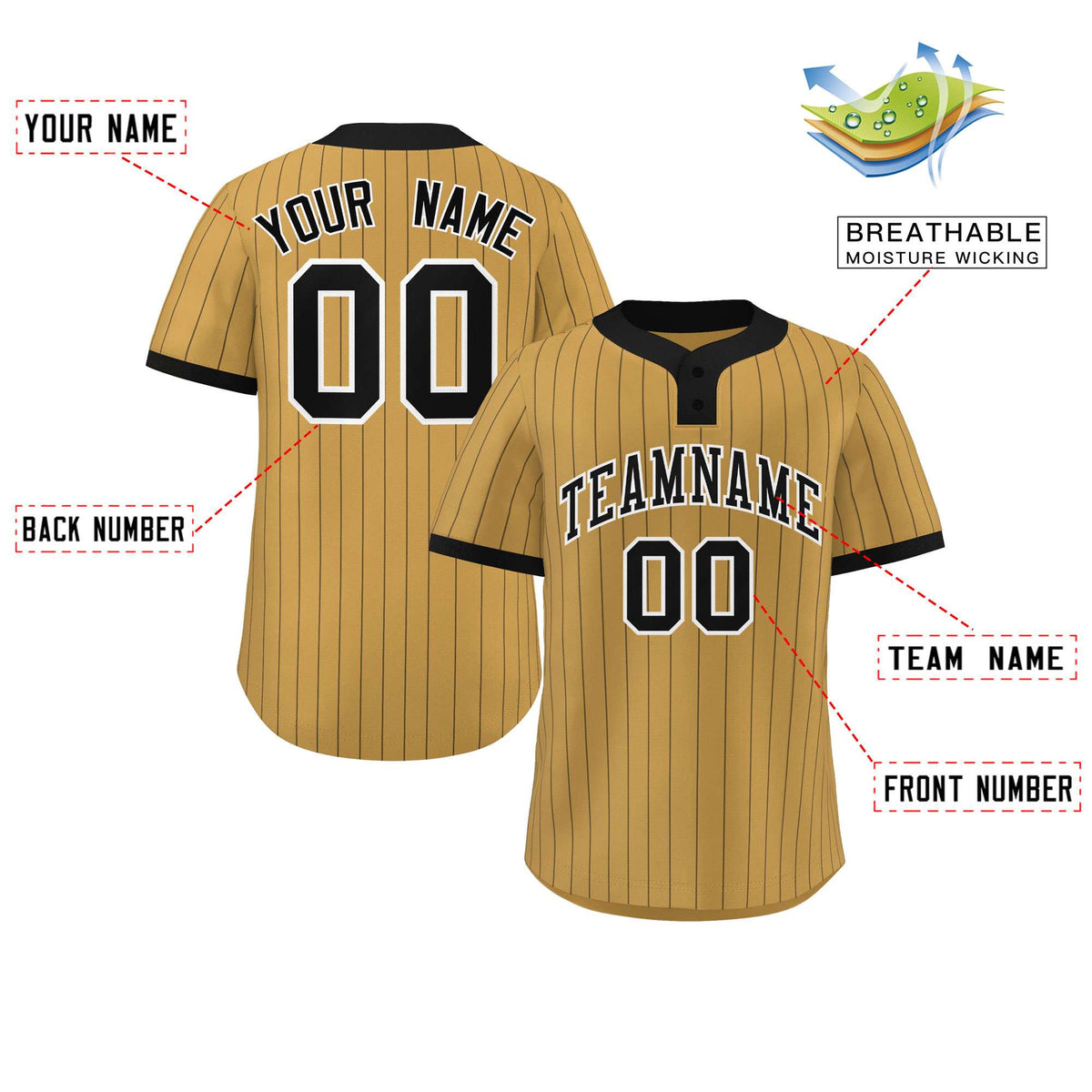 Custom Old Gold Black Stripe Fashion Authentic Two-Button Softball Jersey