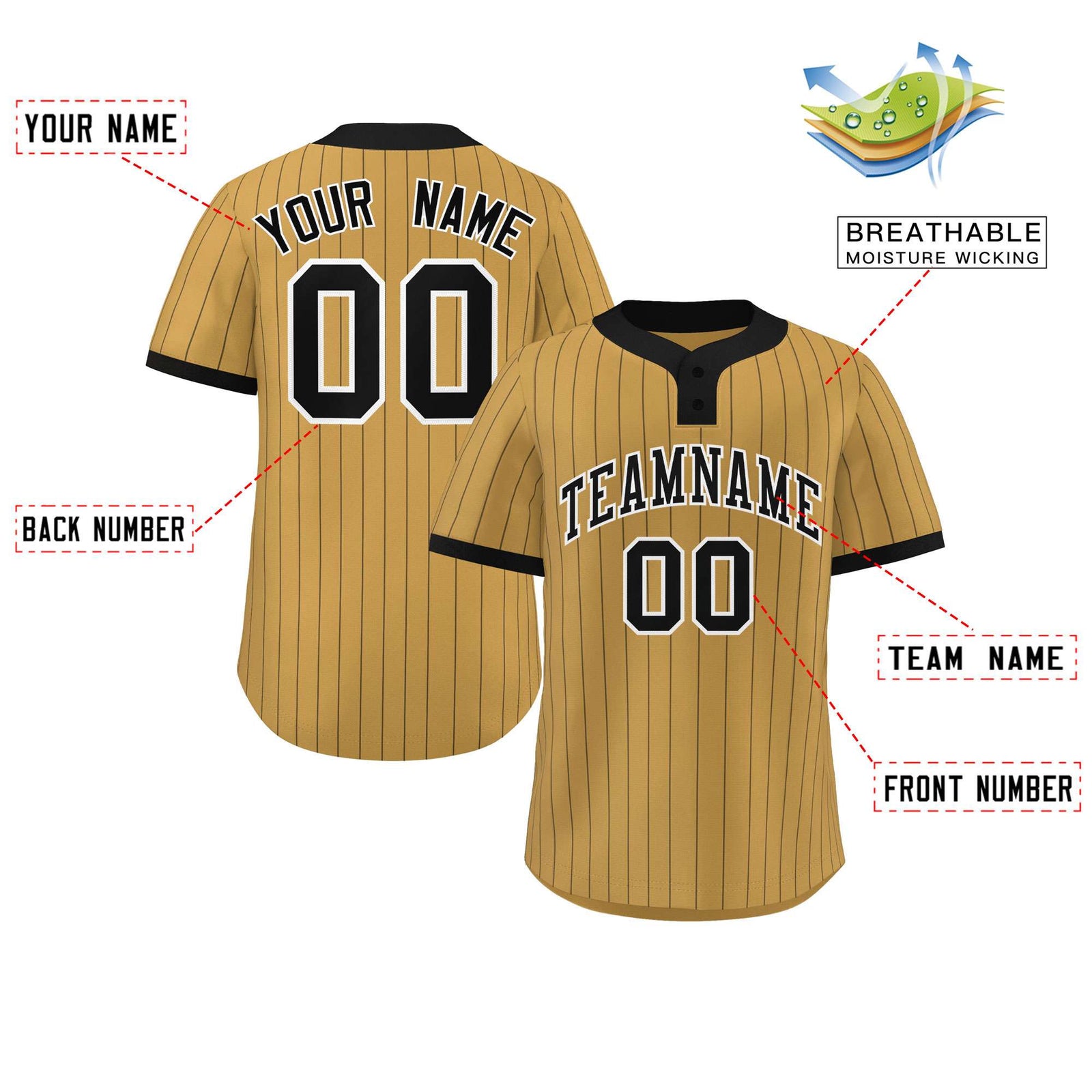 Custom Old Gold Black Stripe Fashion Authentic Two-Button Softball Jersey