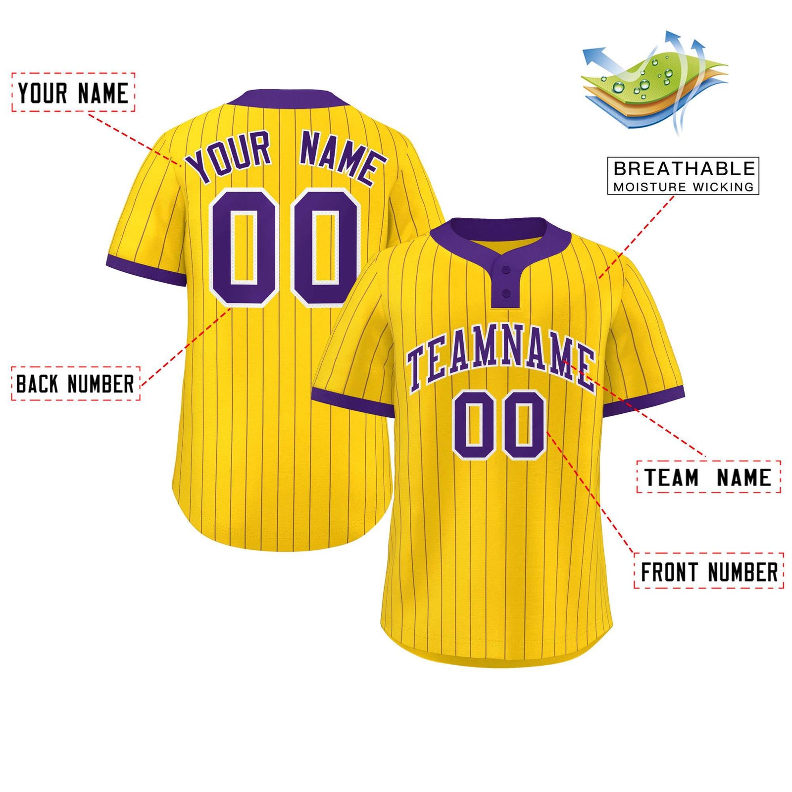 Custom Gold Purple Stripe Fashion Authentic Two-Button Softball Jersey
