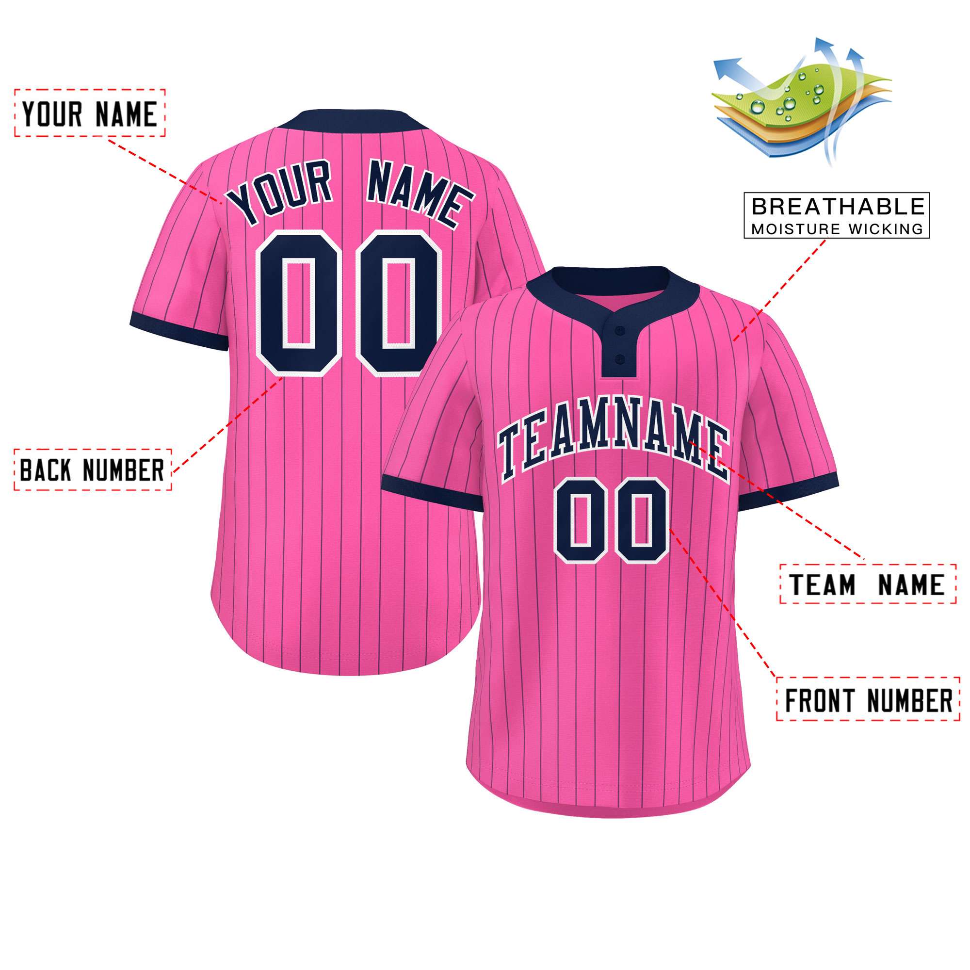Custom Pink Navy Stripe Fashion Authentic Two-Button Softball Jersey