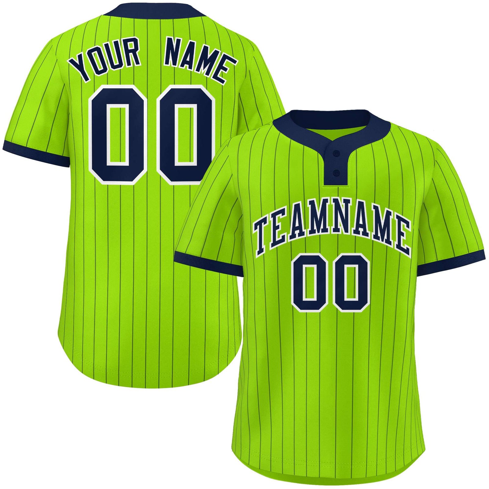 Custom Neon Green Navy Stripe Fashion Authentic Two-Button Softball Jersey