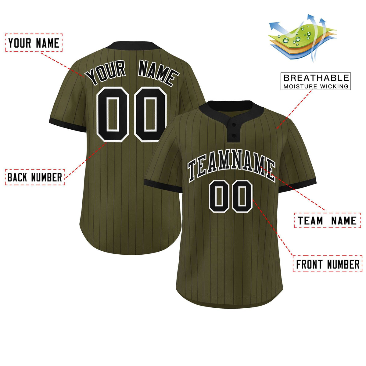 Custom Olive Black Stripe Fashion Authentic Two-Button Softball Jersey