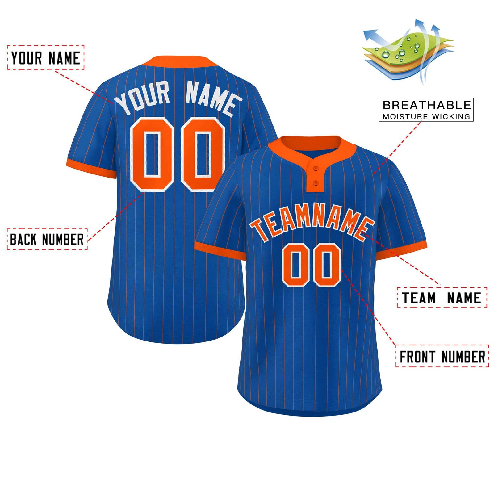 Custom Royal Orange Stripe Fashion Authentic Two-Button Softball Jersey