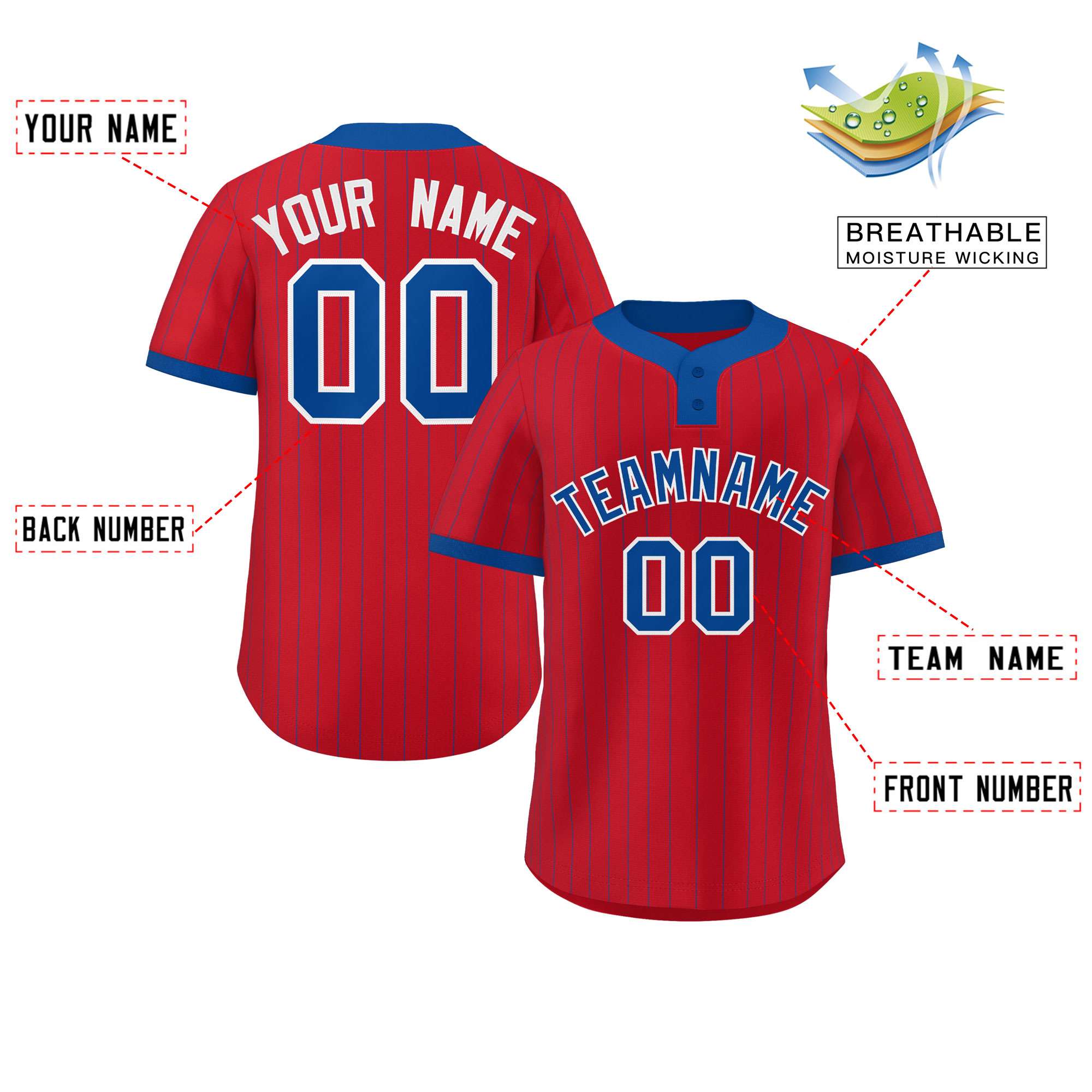 Custom Red Royal Stripe Fashion Authentic Two-Button Softball Jersey
