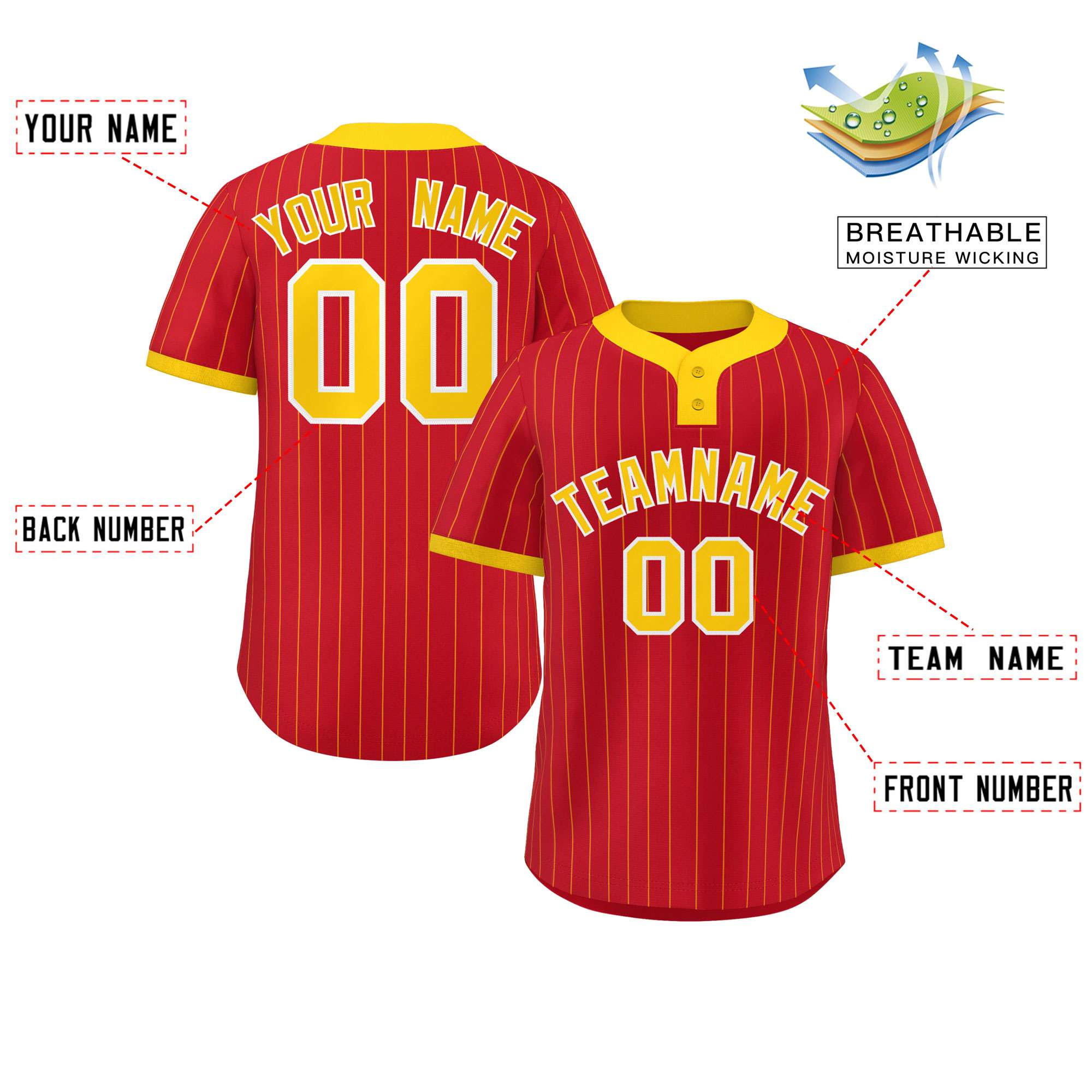 Custom Red Gold Stripe Fashion Authentic Two-Button Softball Jersey