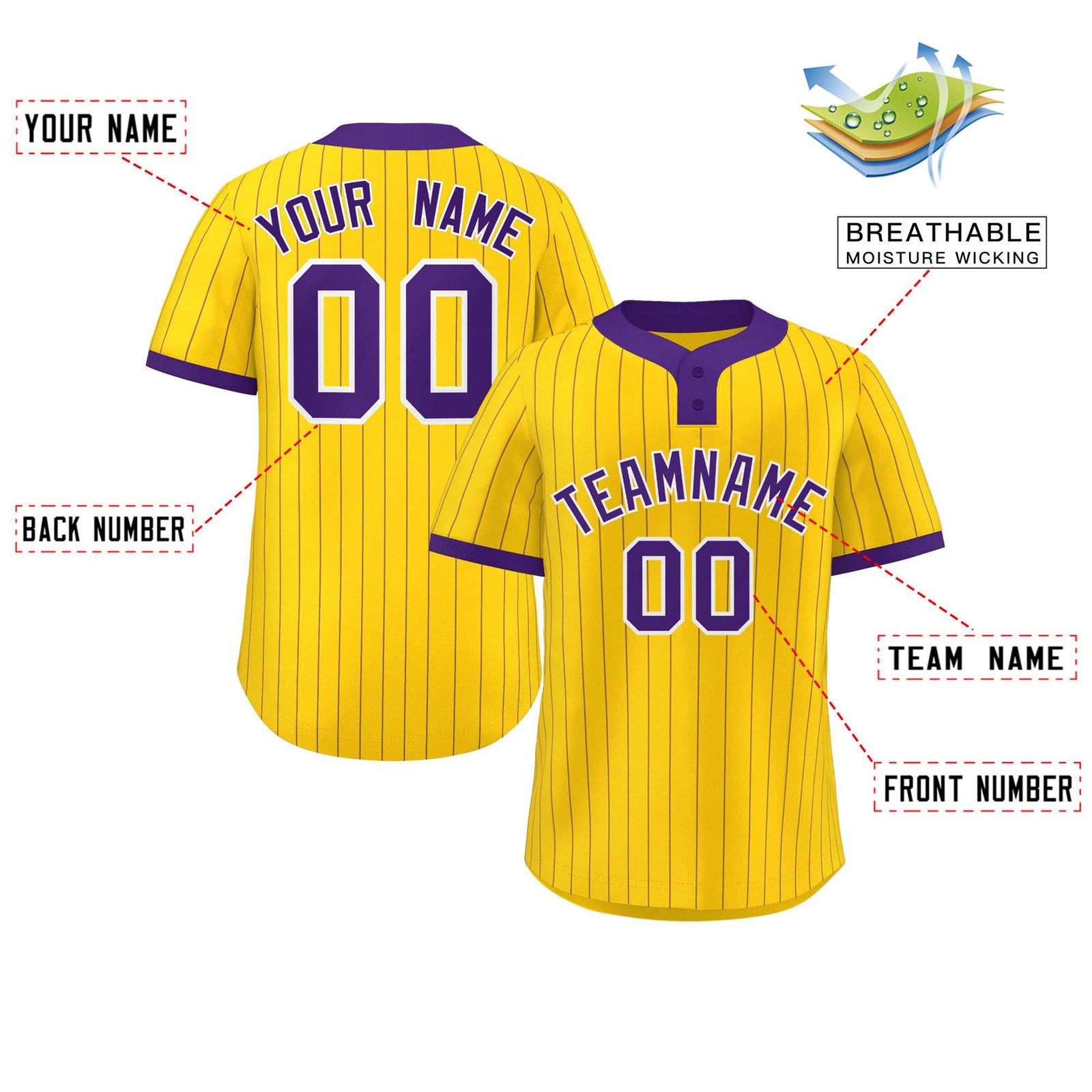 Custom Gold Purple Stripe Fashion Authentic Two-Button Softball Jersey