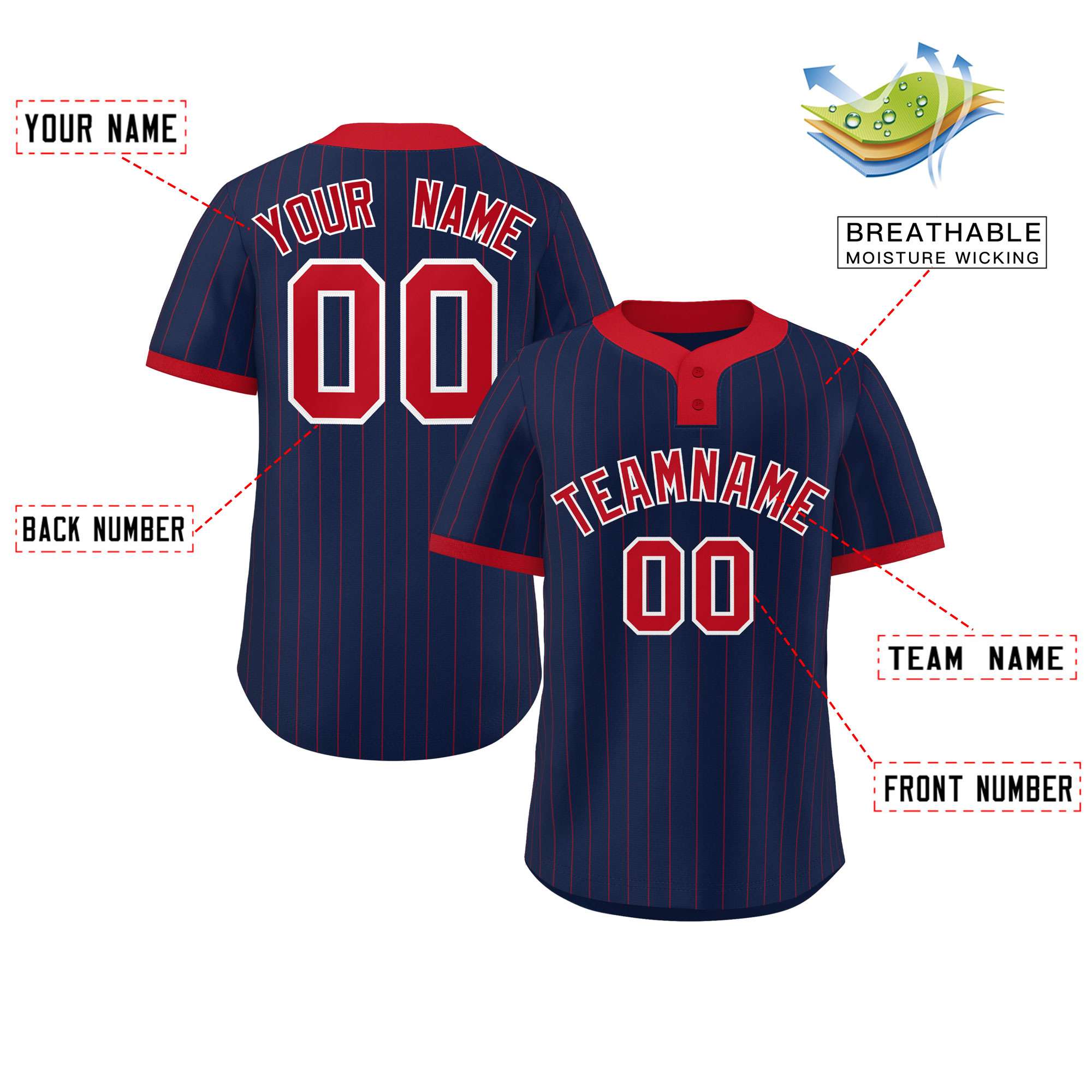 Custom Navy Red Stripe Fashion Authentic Two-Button Softball Jersey