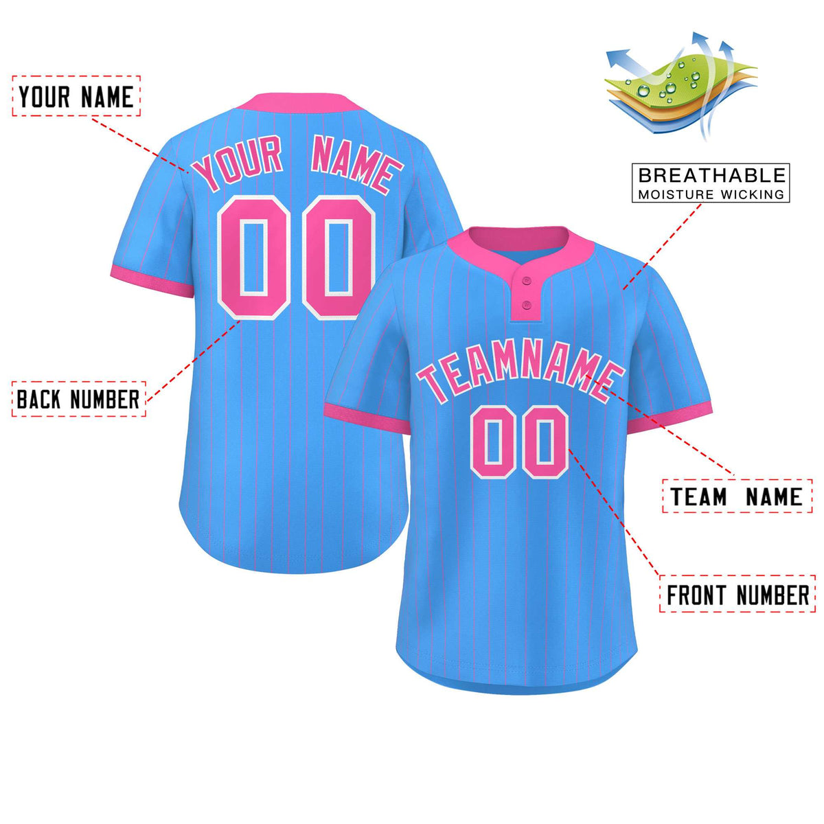 Custom Powder Blue Pink Stripe Fashion Authentic Two-Button Softball Jersey