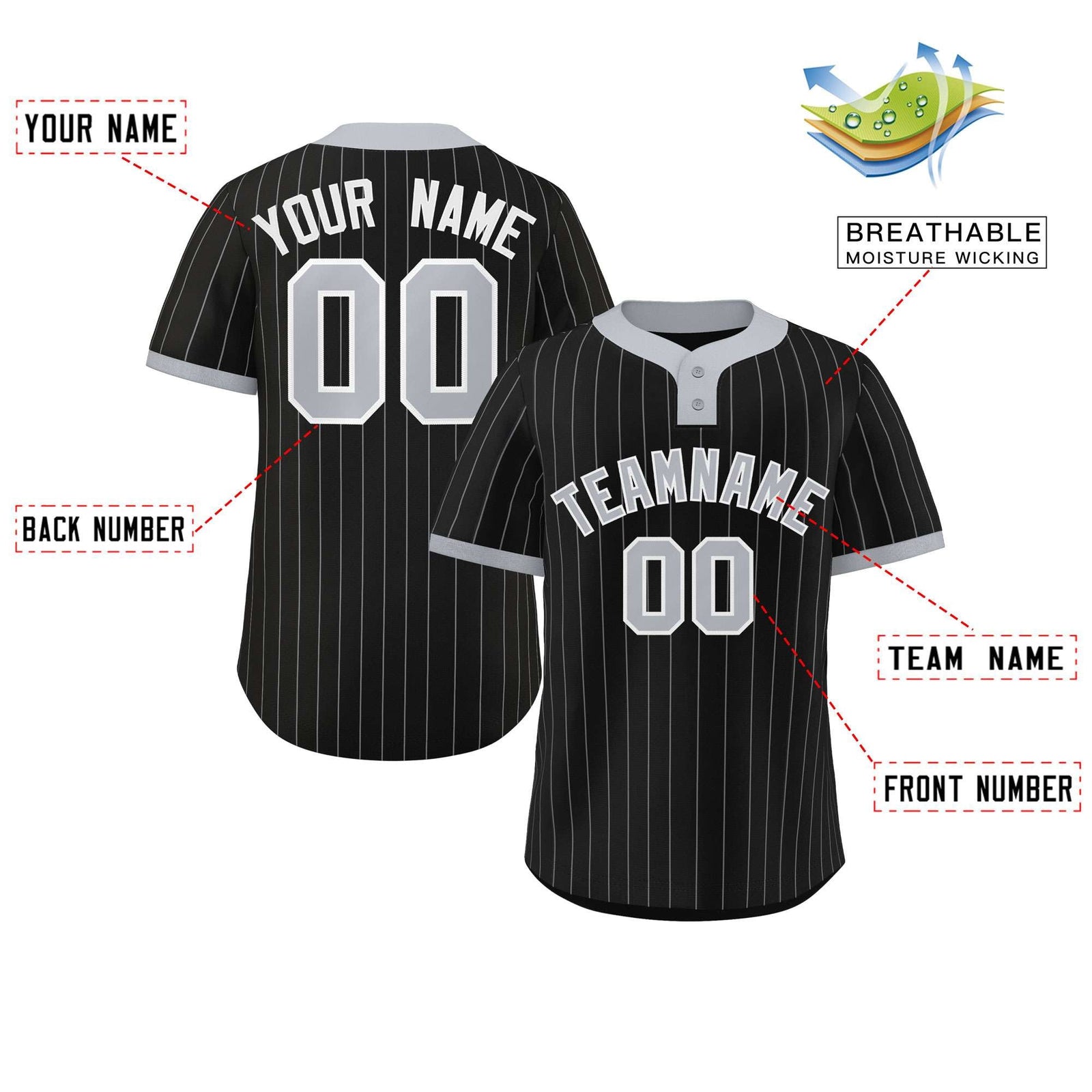 Custom Black Gray Stripe Fashion Authentic Two-Button Softball Jersey