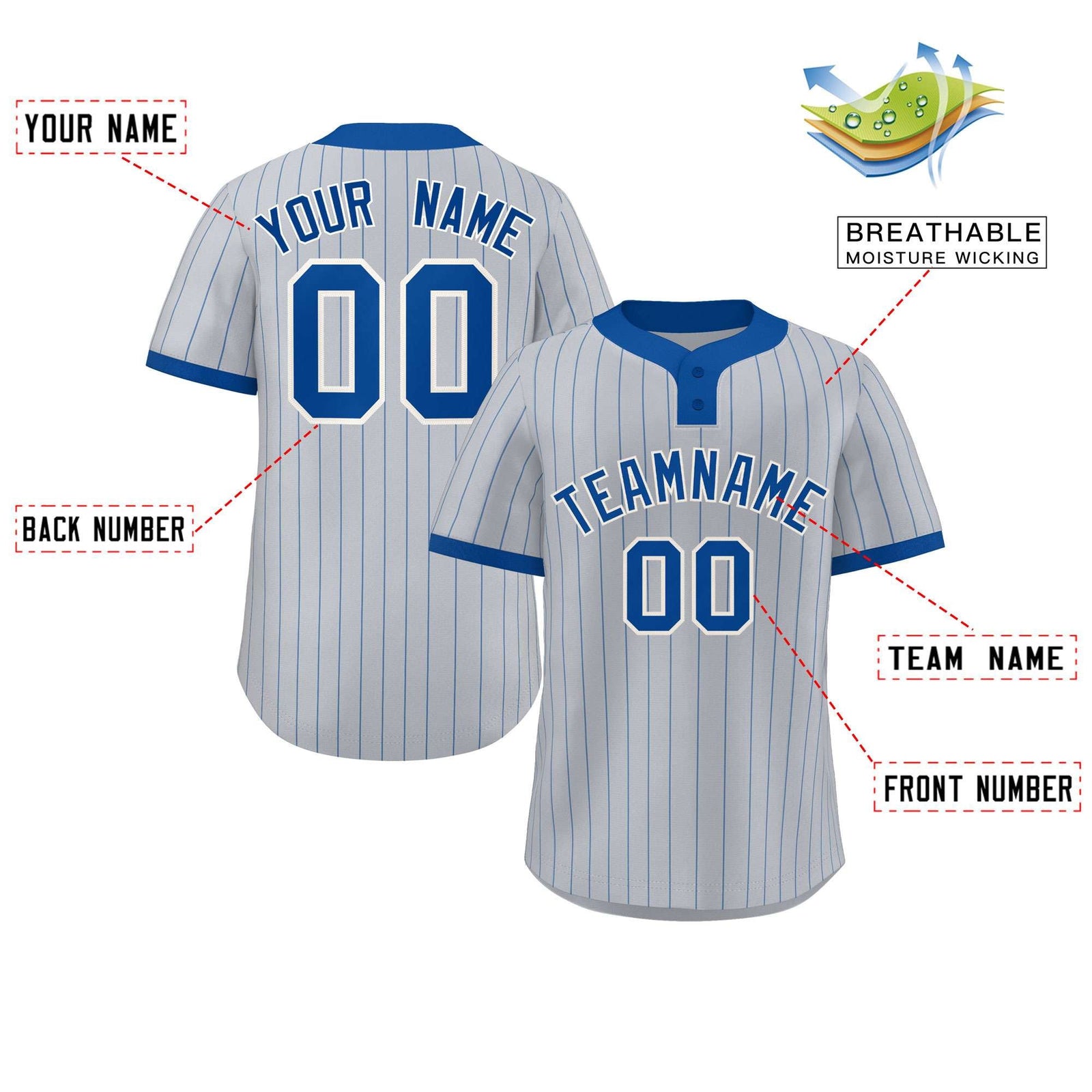 Custom Gray Royal Stripe Fashion Authentic Two-Button Softball Jersey