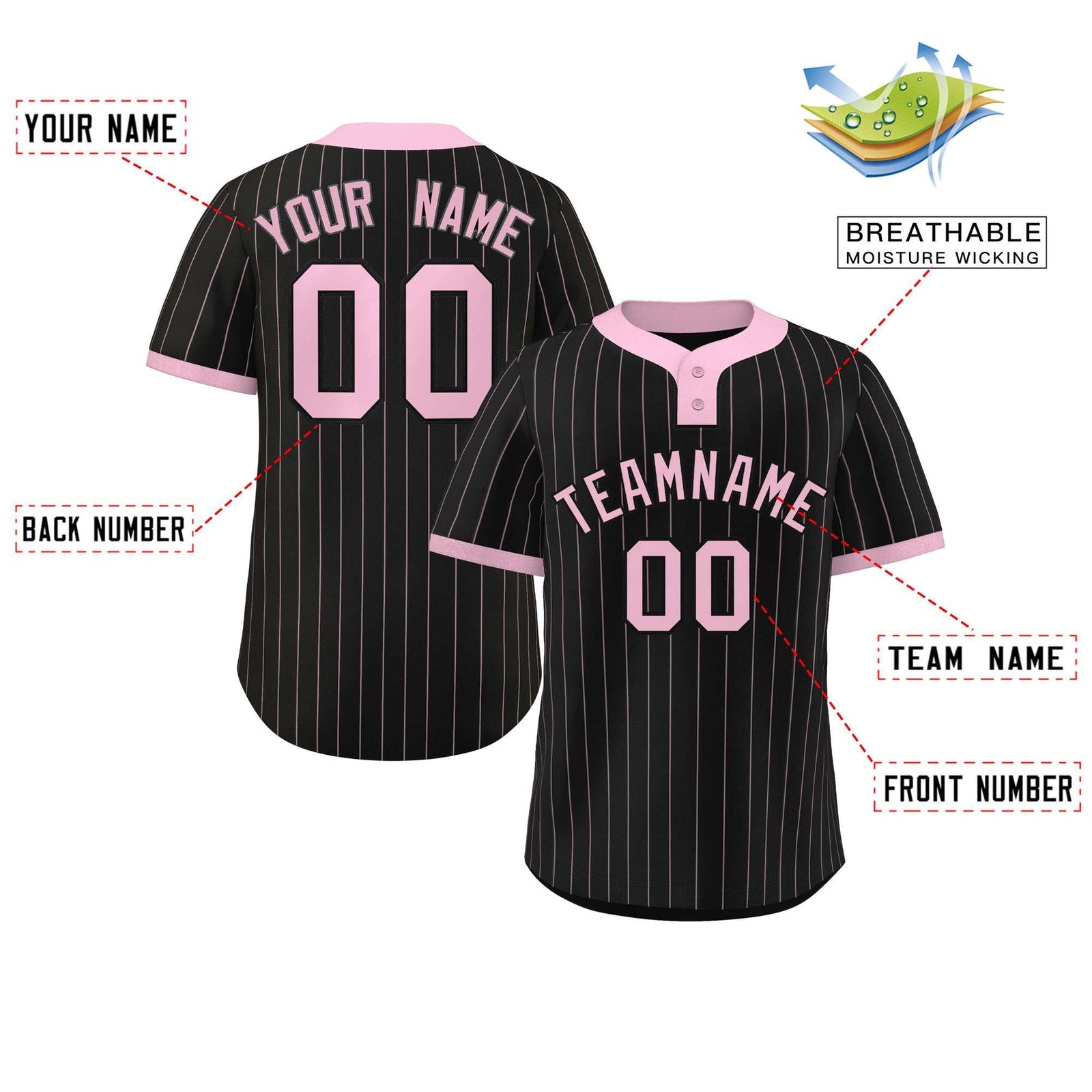 Custom Black Light Pink Stripe Fashion Authentic Two-Button Softball Jersey