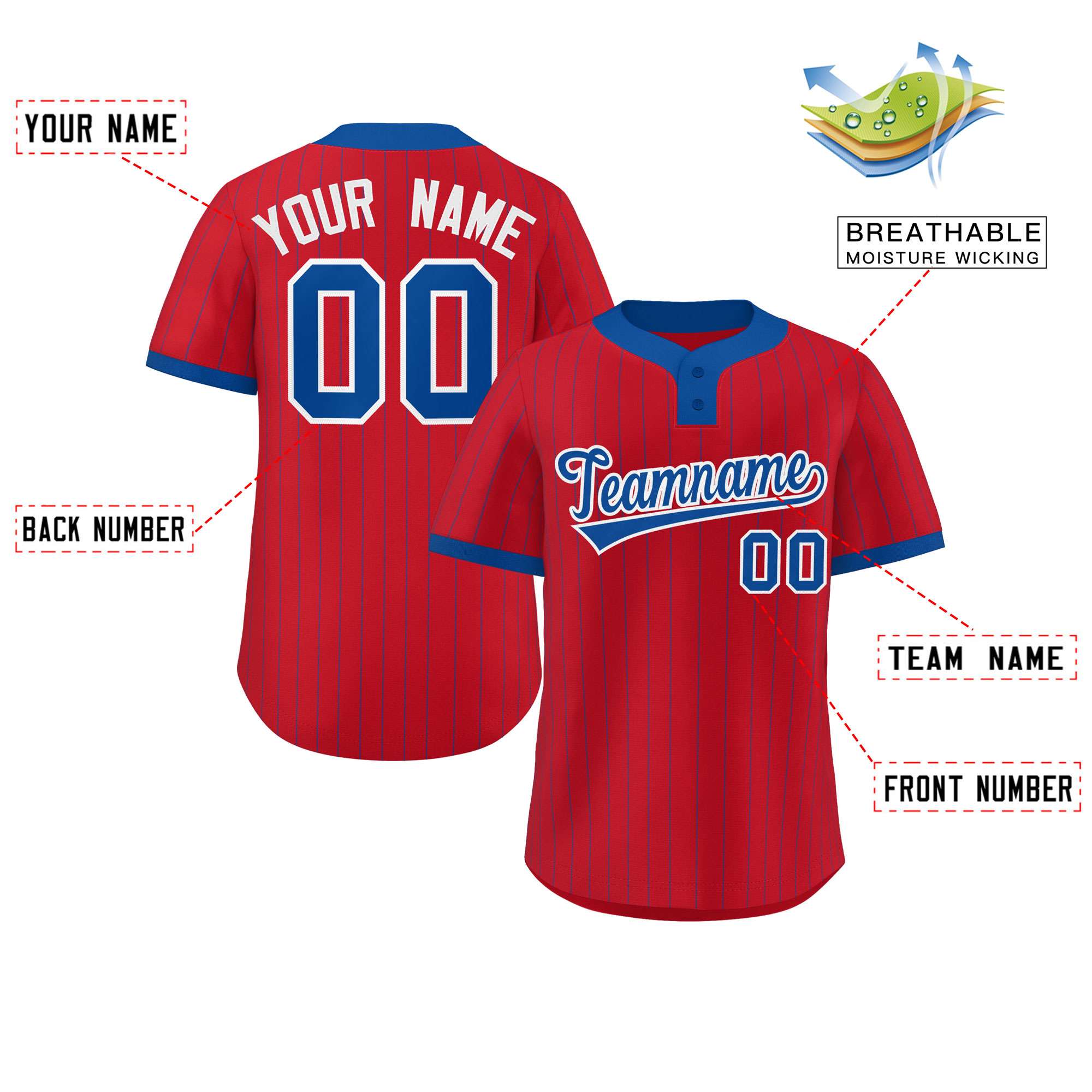 Custom Red Royal Stripe Fashion Authentic Two-Button Softball Jersey
