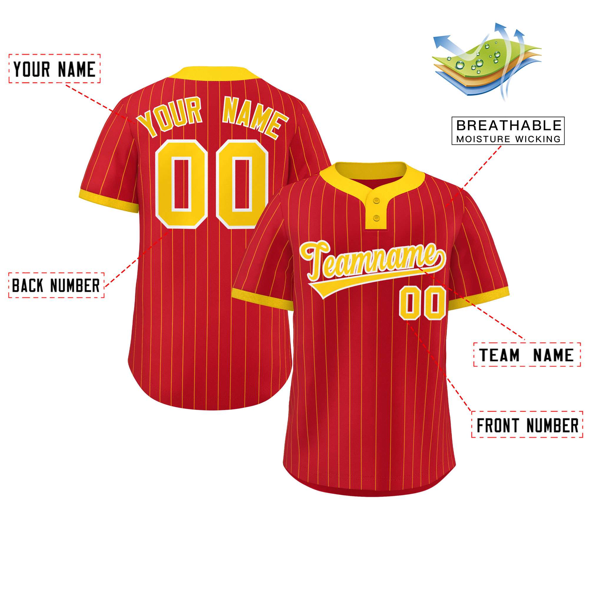 Custom Red Gold Stripe Fashion Authentic Two-Button Softball Jersey