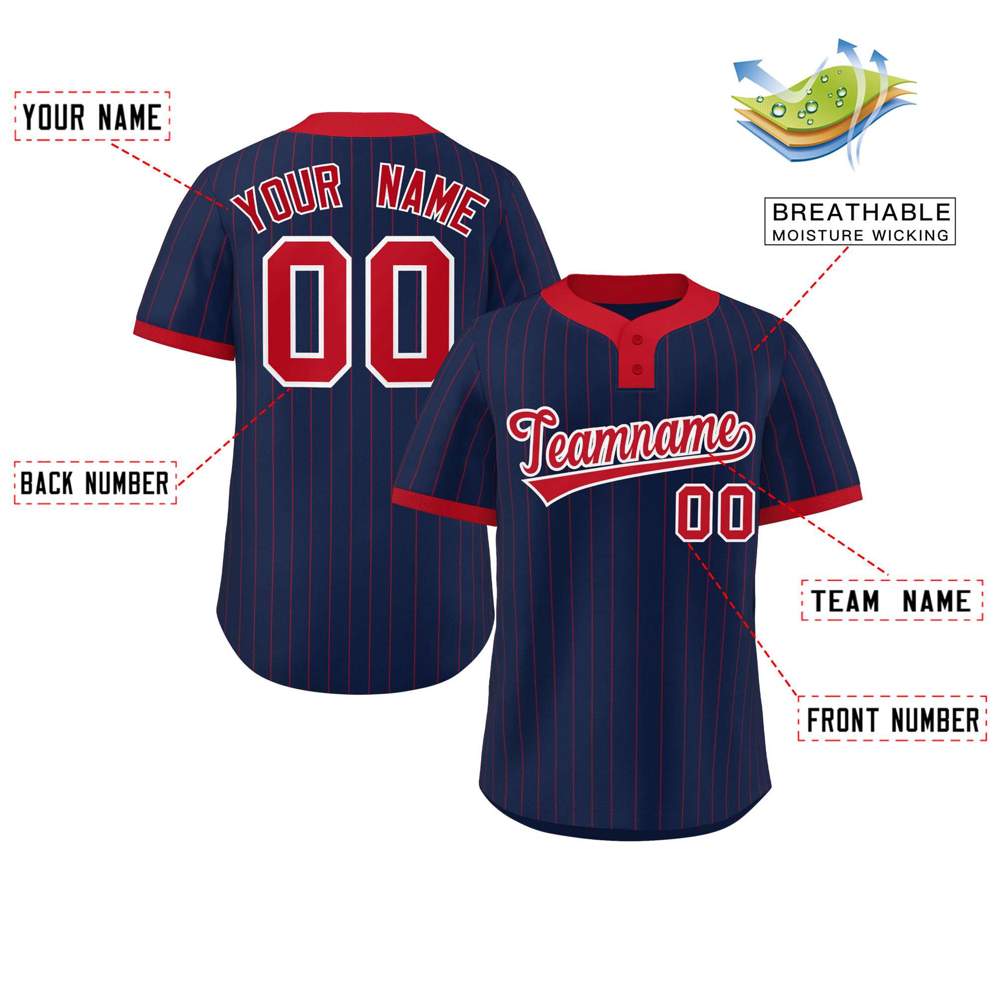 Custom Navy Red Stripe Fashion Authentic Two-Button Softball Jersey