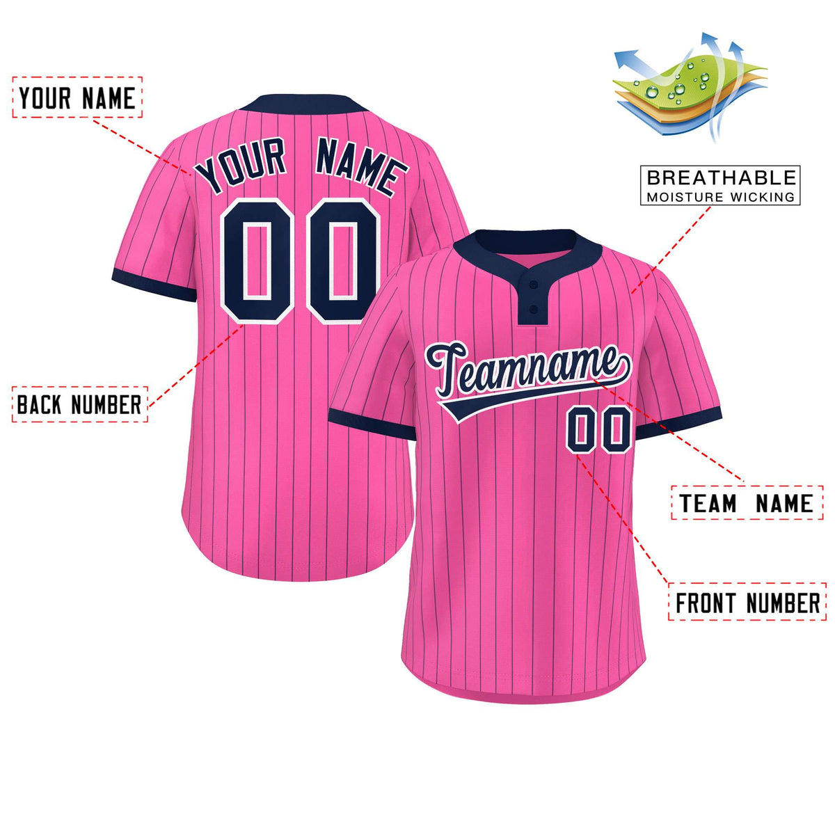 Custom Pink Navy Stripe Fashion Authentic Two-Button Softball Jersey