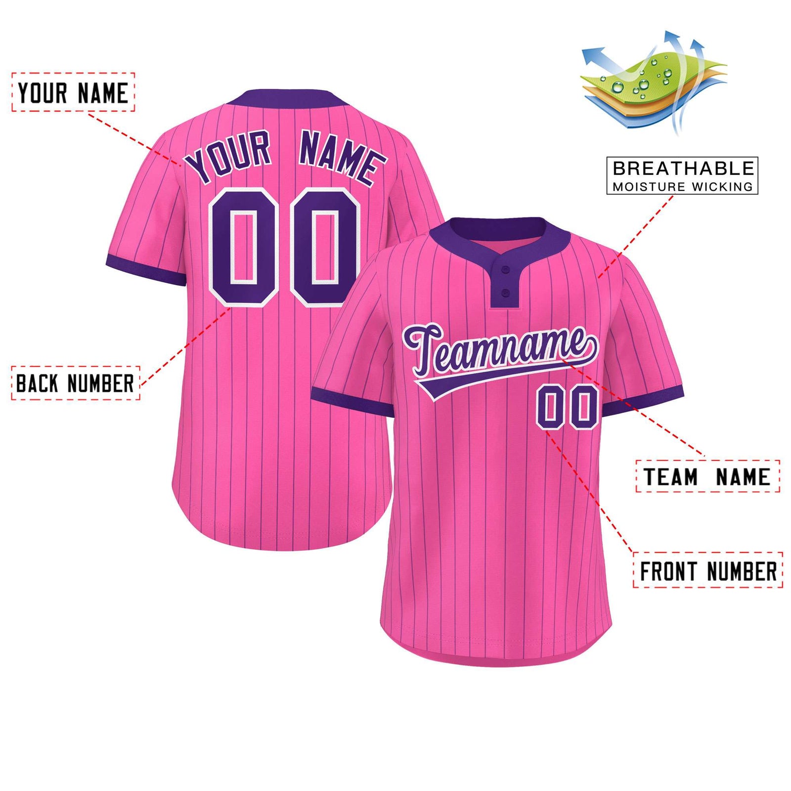 Custom Pink Purple Stripe Fashion Authentic Two-Button Softball Jersey