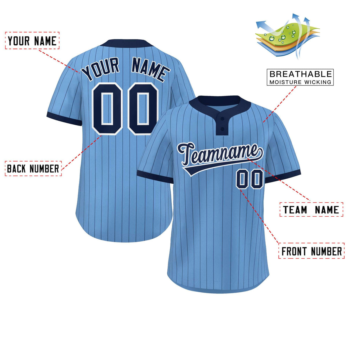 Custom Light Blue Navy Stripe Fashion Authentic Two-Button Softball Jersey