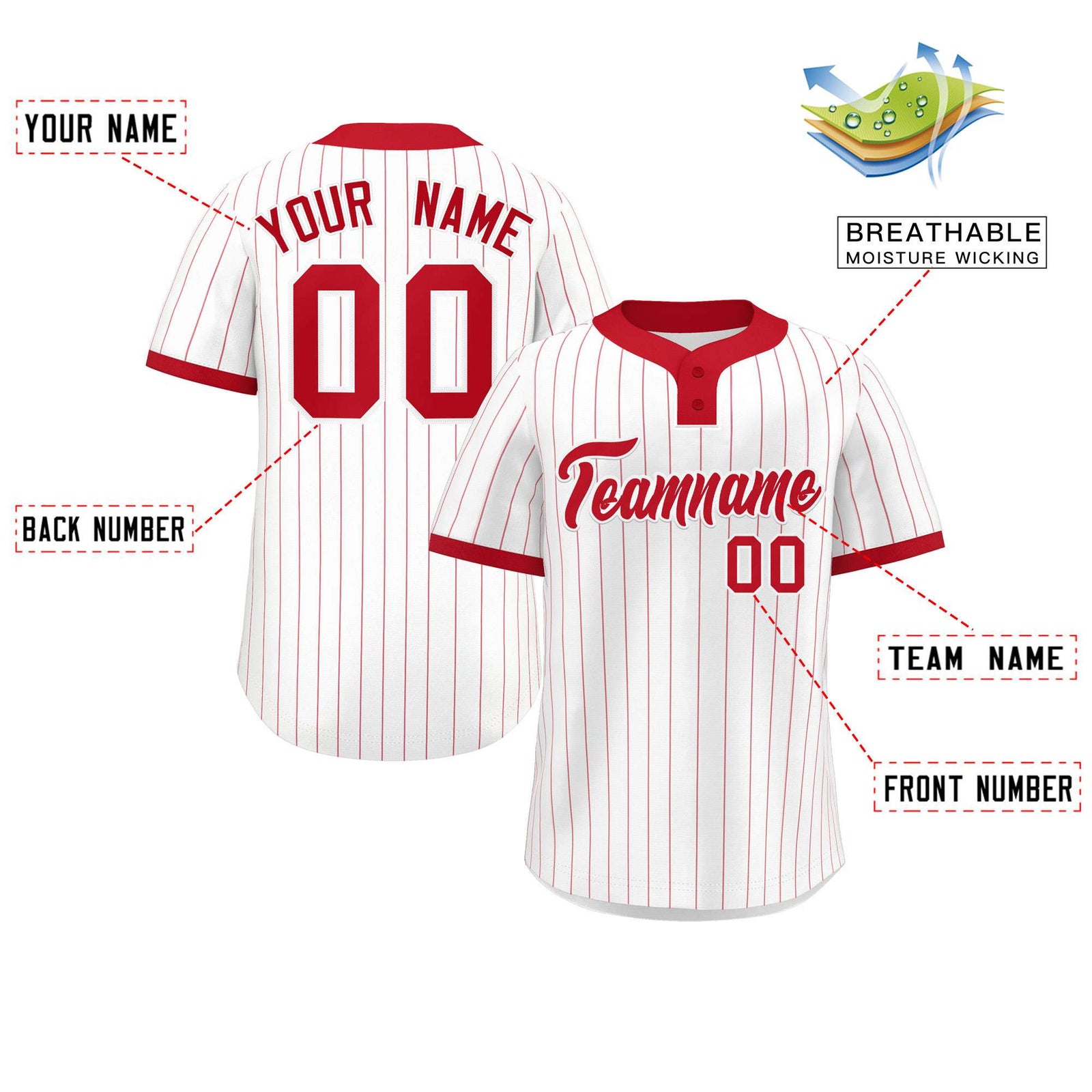 Custom White Red Stripe Fashion Authentic Two-Button Softball Jersey