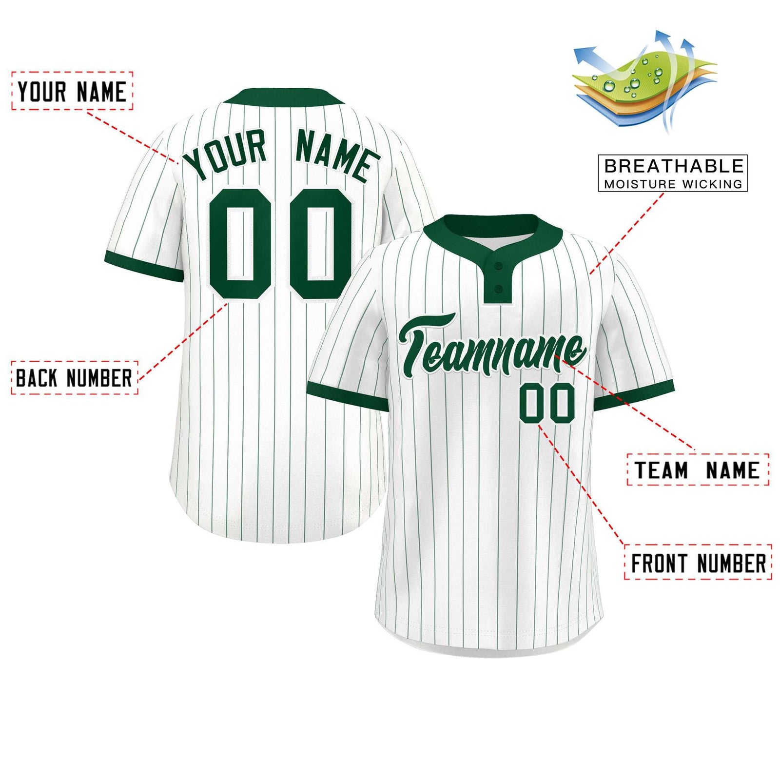 Custom White Green Stripe Fashion Authentic Two-Button Softball Jersey