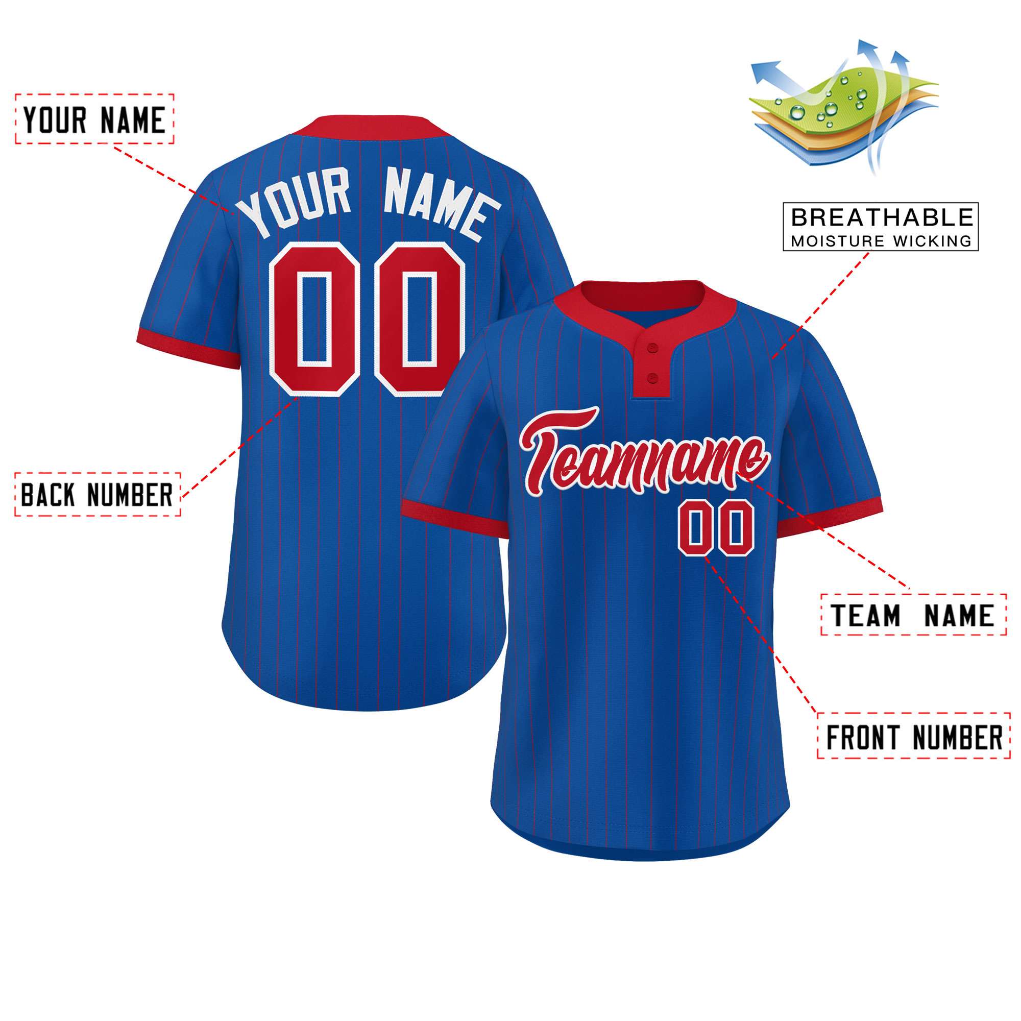 Custom Royal Red Stripe Fashion Authentic Two-Button Softball Jersey