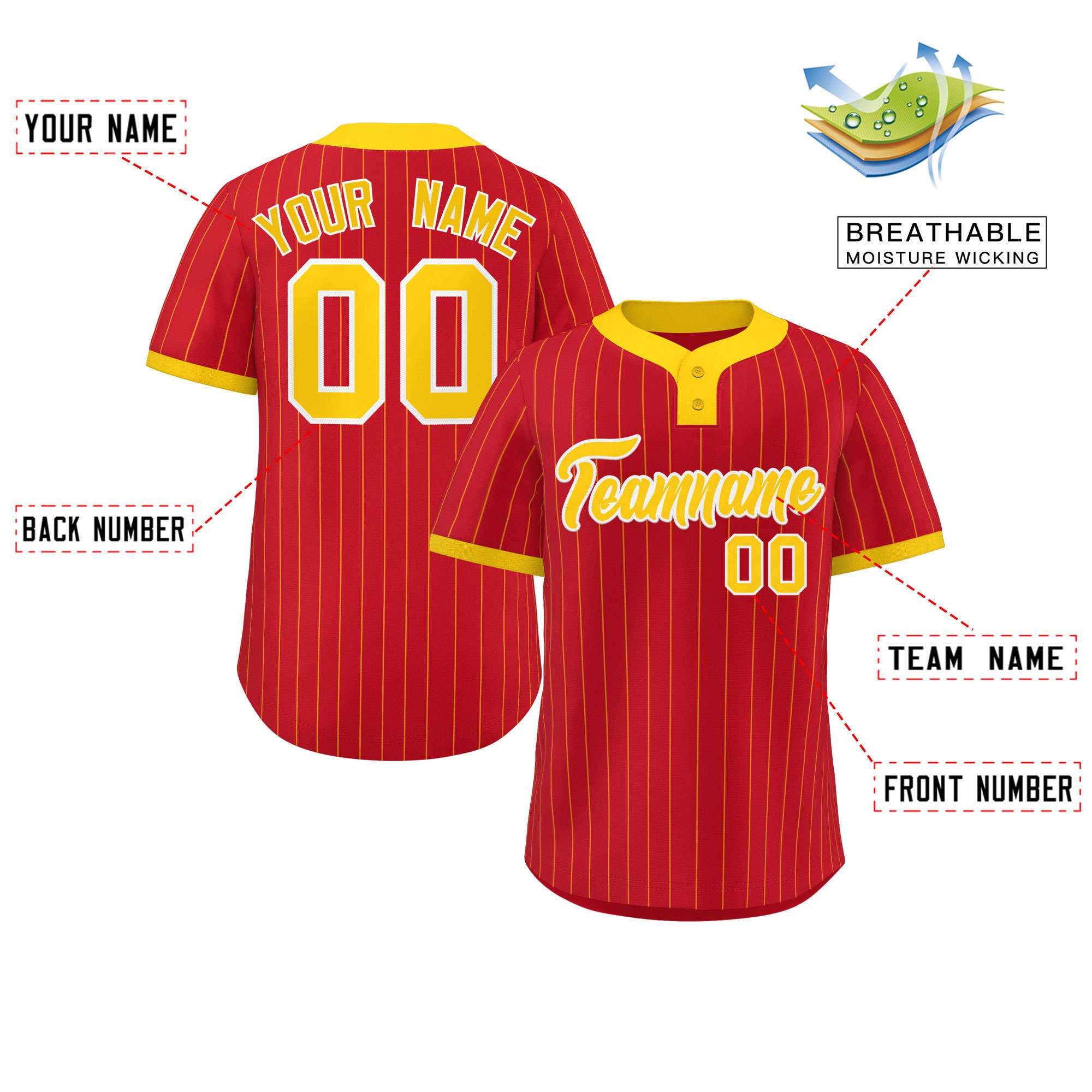 Custom Red Gold Stripe Fashion Authentic Two-Button Softball Jersey