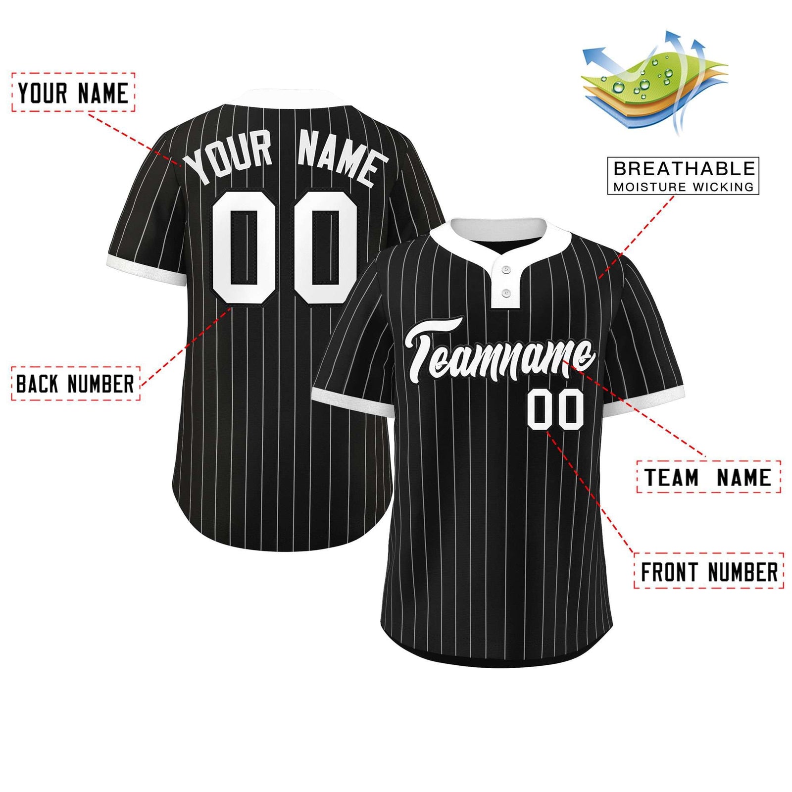 Custom Black White Stripe Fashion Authentic Two-Button Softball Jersey