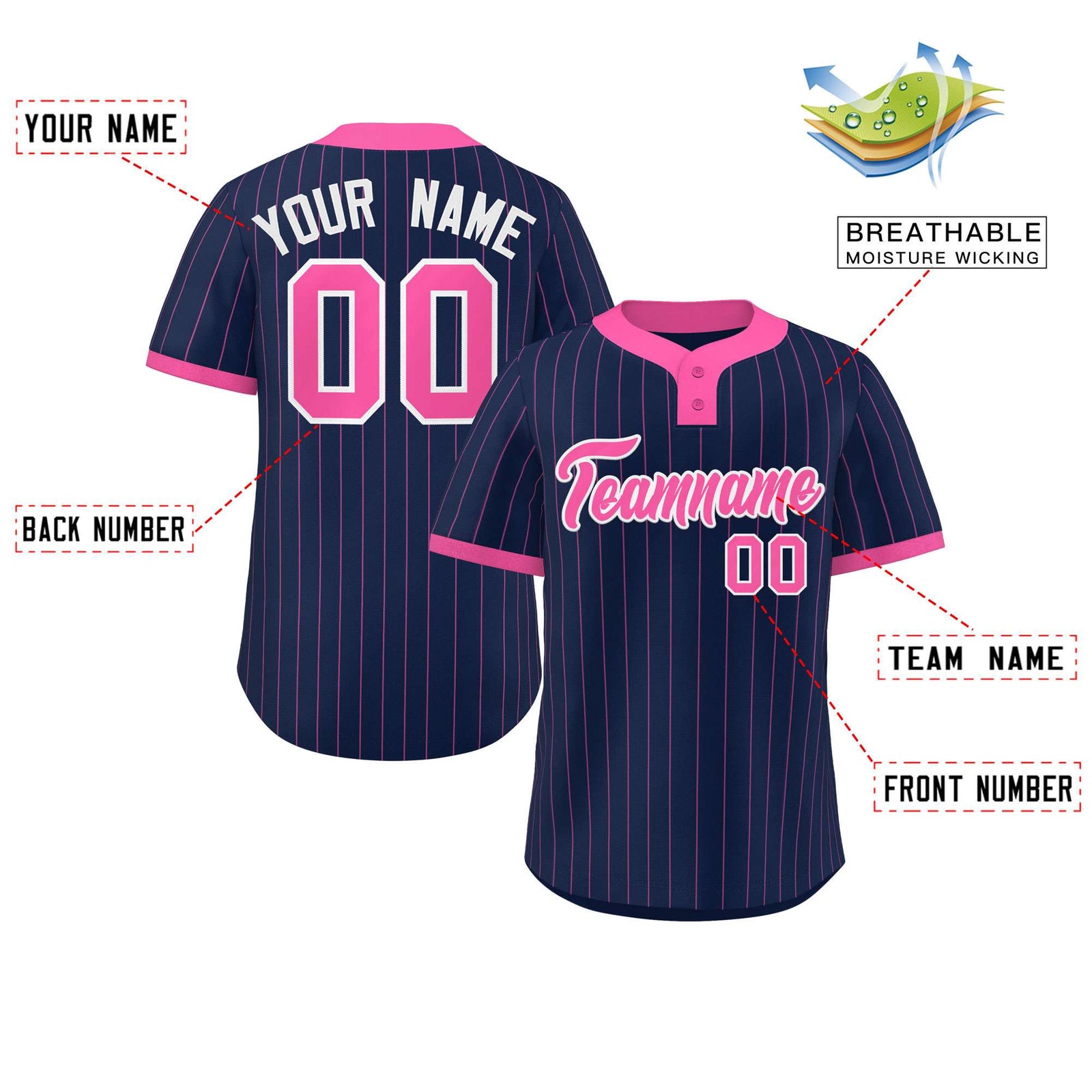 Custom Navy Pink Stripe Fashion Authentic Two-Button Softball Jersey
