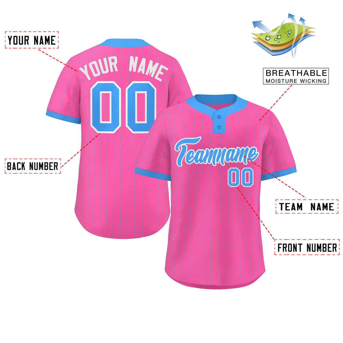 Custom Pink Powder Blue Stripe Fashion Authentic Two-Button Softball Jersey