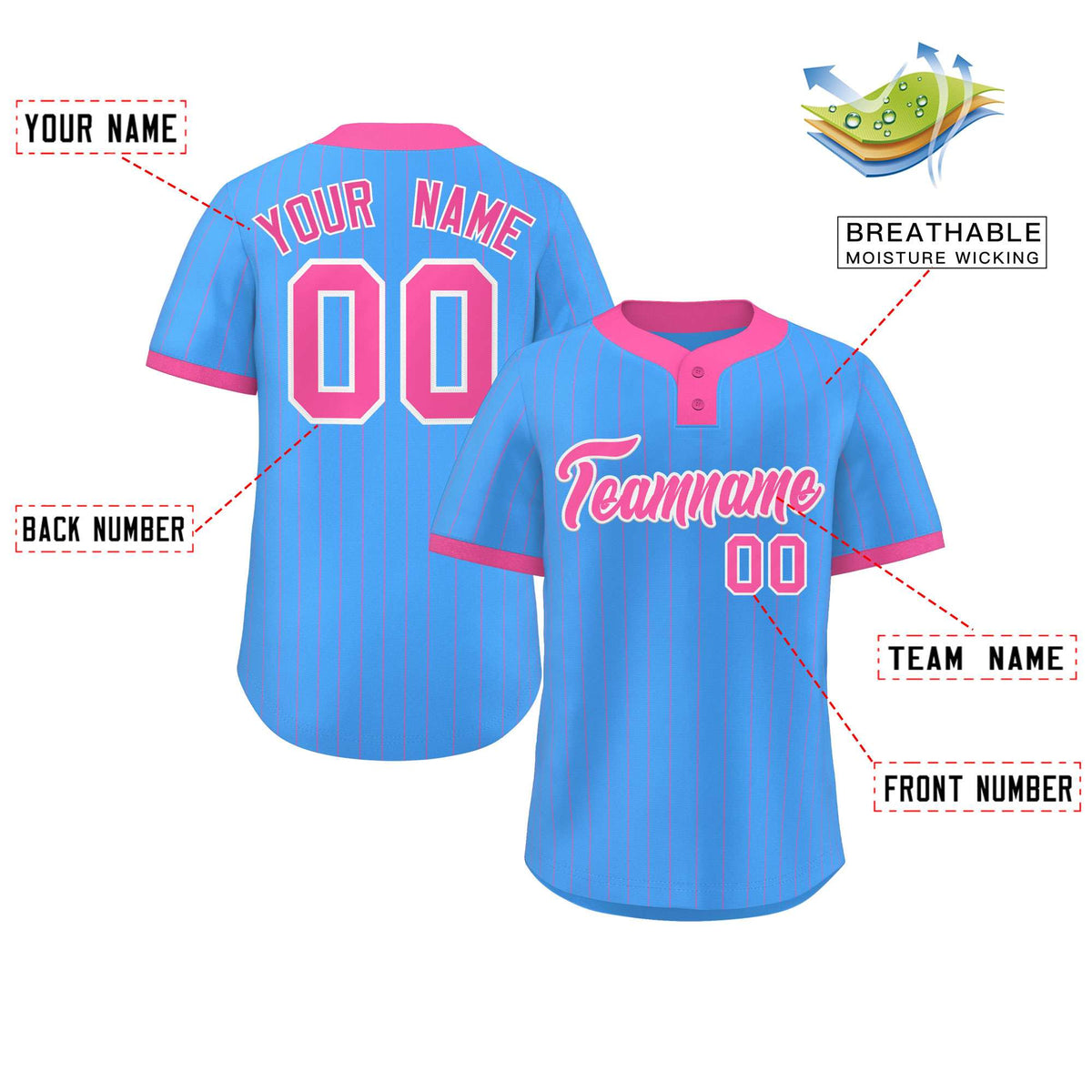 Custom Powder Blue Pink Stripe Fashion Authentic Two-Button Softball Jersey