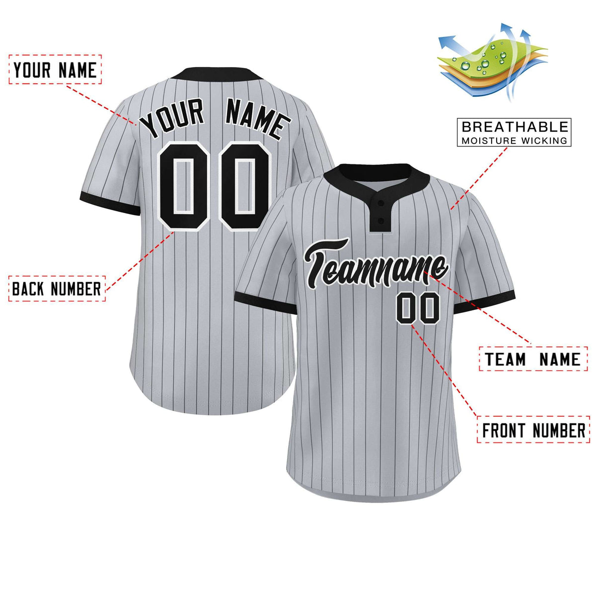 Custom Gray Black Stripe Fashion Authentic Two-Button Softball Jersey
