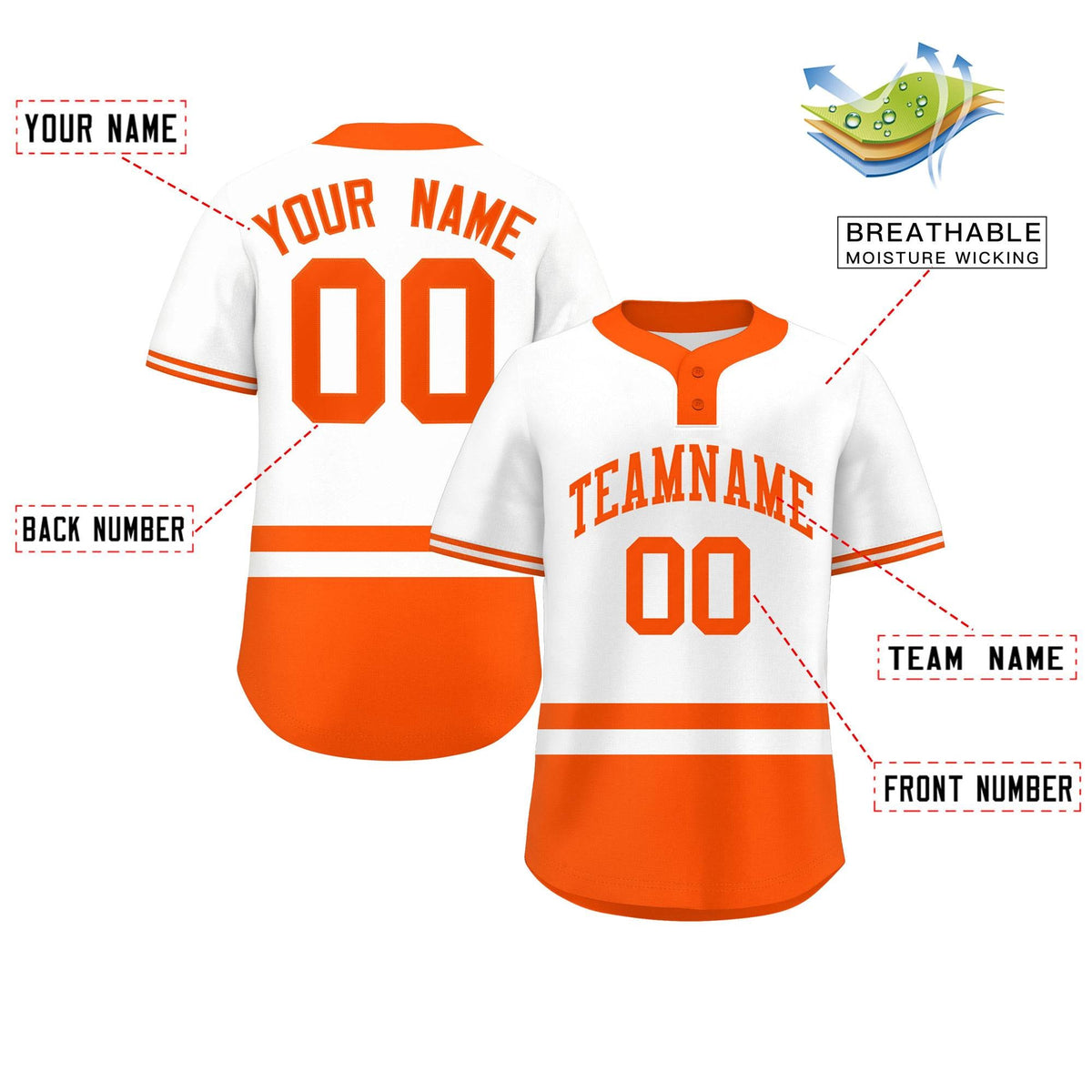Custom White Orange Color Block Personalized Authentic Two-Button Softball Jersey