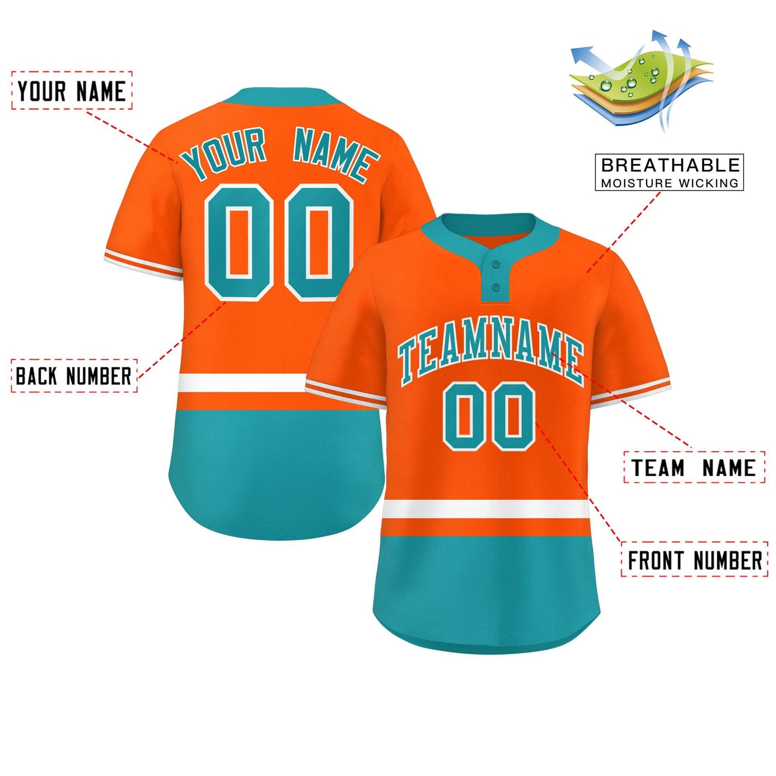 Custom Orange White-Aqua Color Block Personalized Authentic Two-Button Softball Jersey
