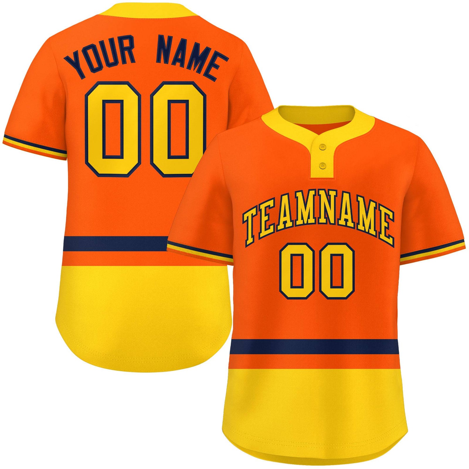 Custom Orange Navy-Gold Color Block Personalized Authentic Two-Button Softball Jersey