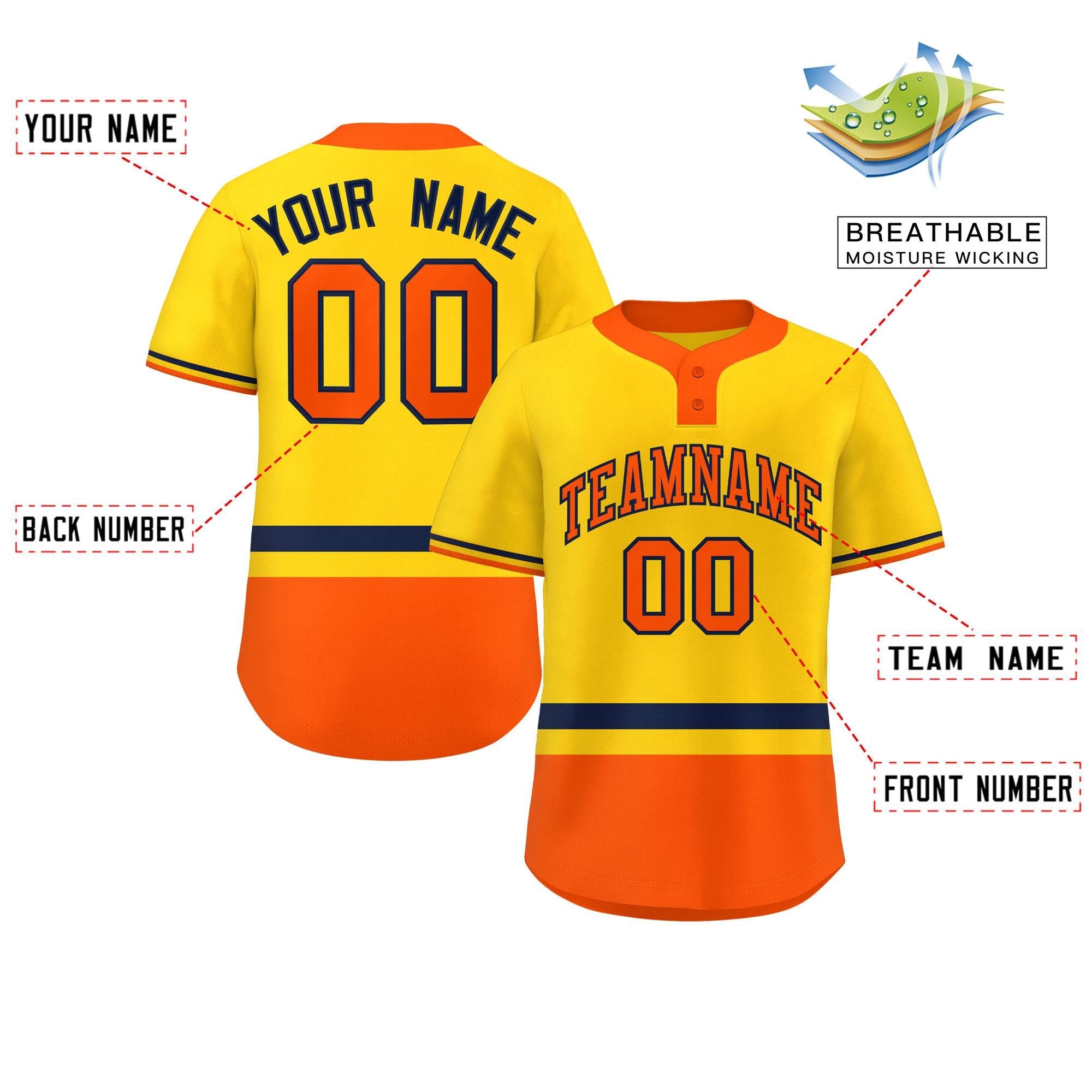 Custom Gold Navy-Orange Color Block Personalized Authentic Two-Button Softball Jersey