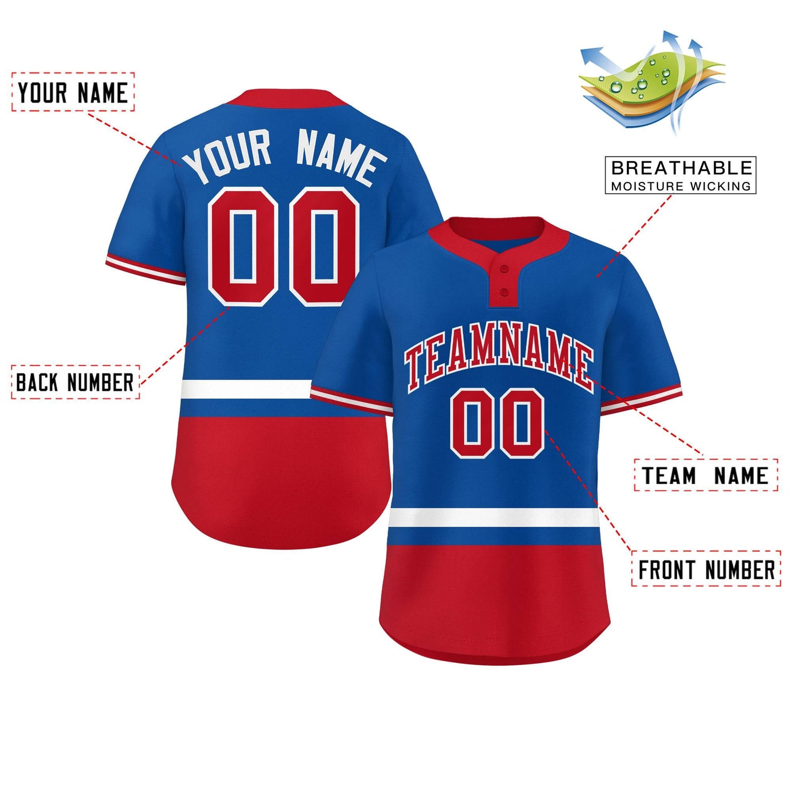 Custom Royal White-Red Color Block Personalized Authentic Two-Button Softball Jersey