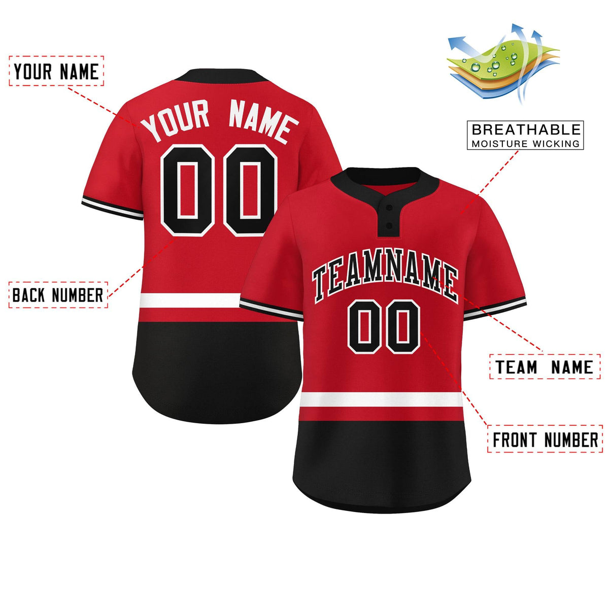 Custom Red White-Black Color Block Personalized Authentic Two-Button Softball Jersey