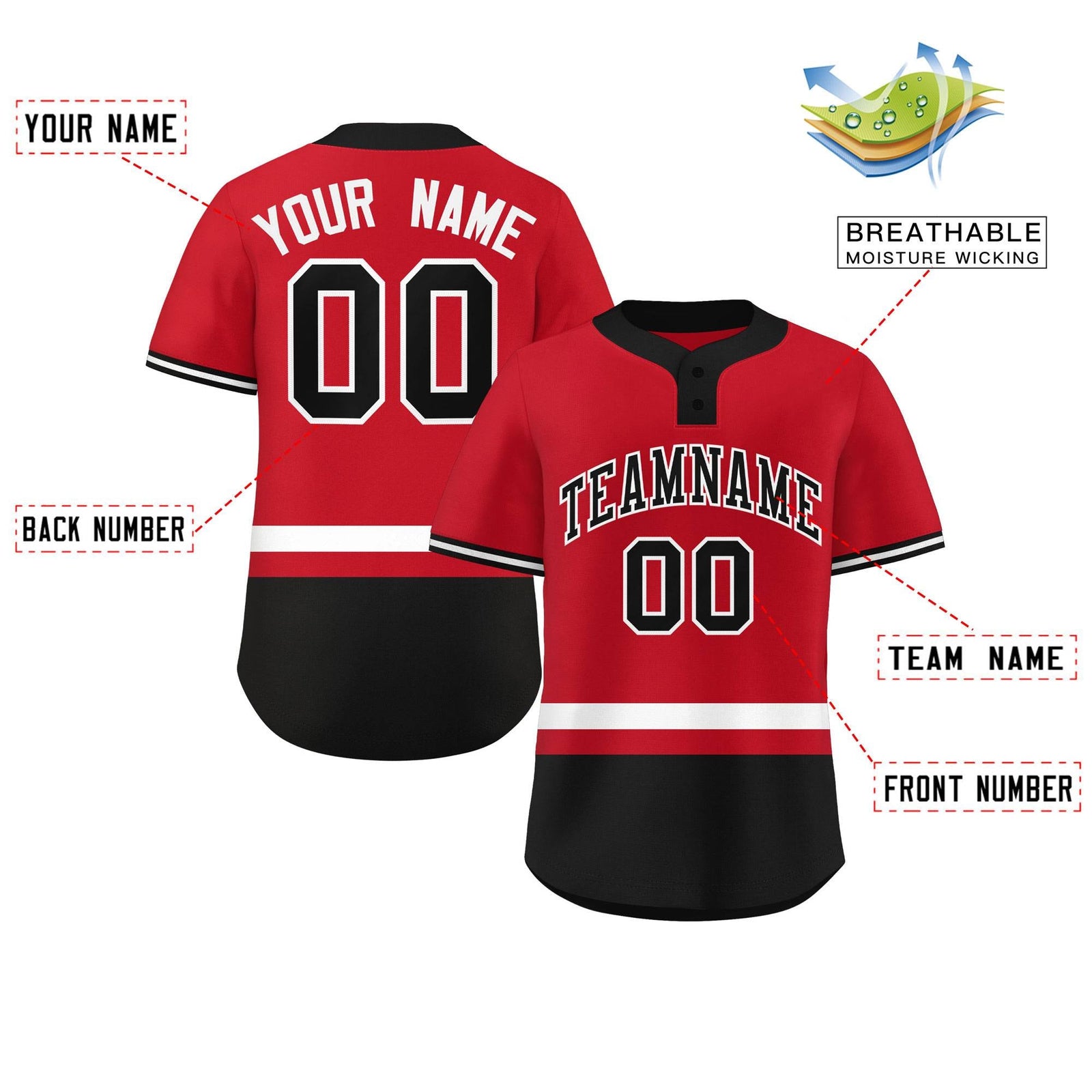 Custom Red White-Black Color Block Personalized Authentic Two-Button Softball Jersey