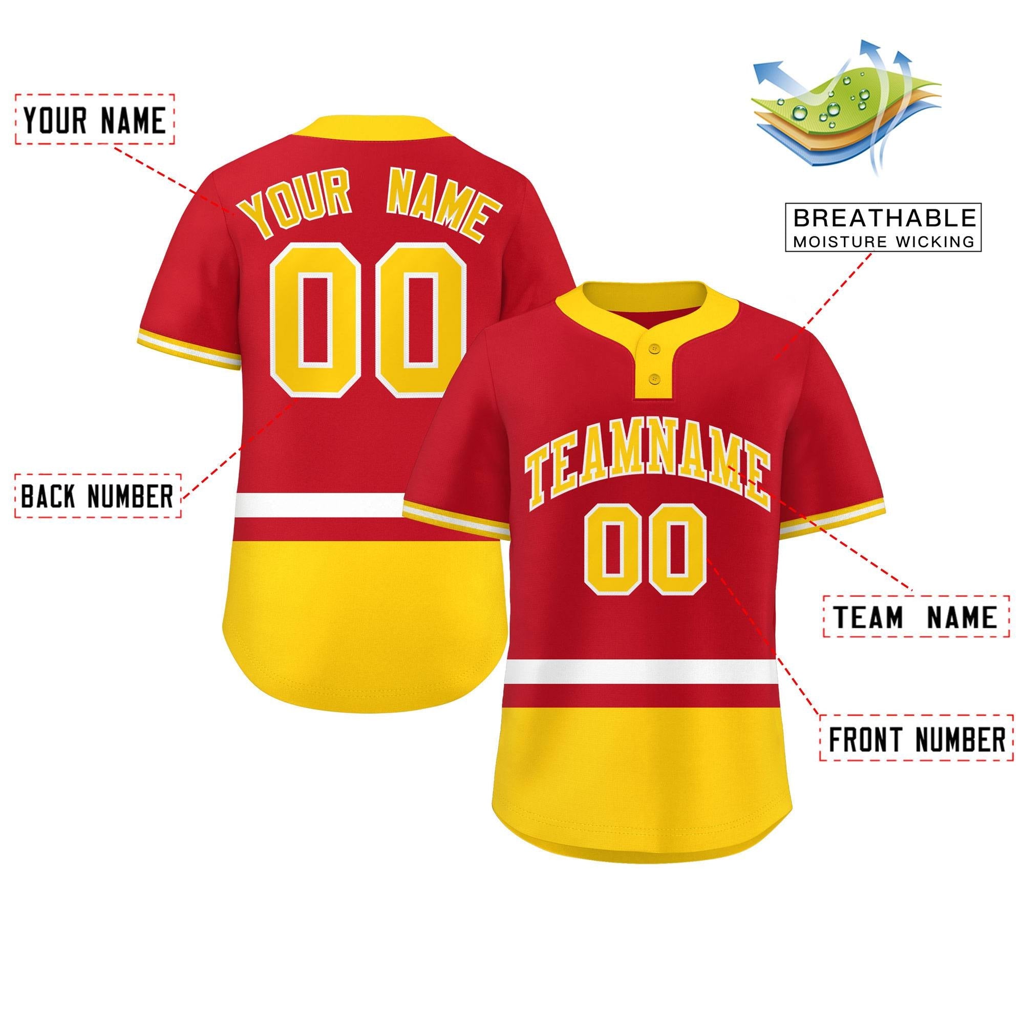 Custom Red White-Gold Color Block Personalized Authentic Two-Button Softball Jersey