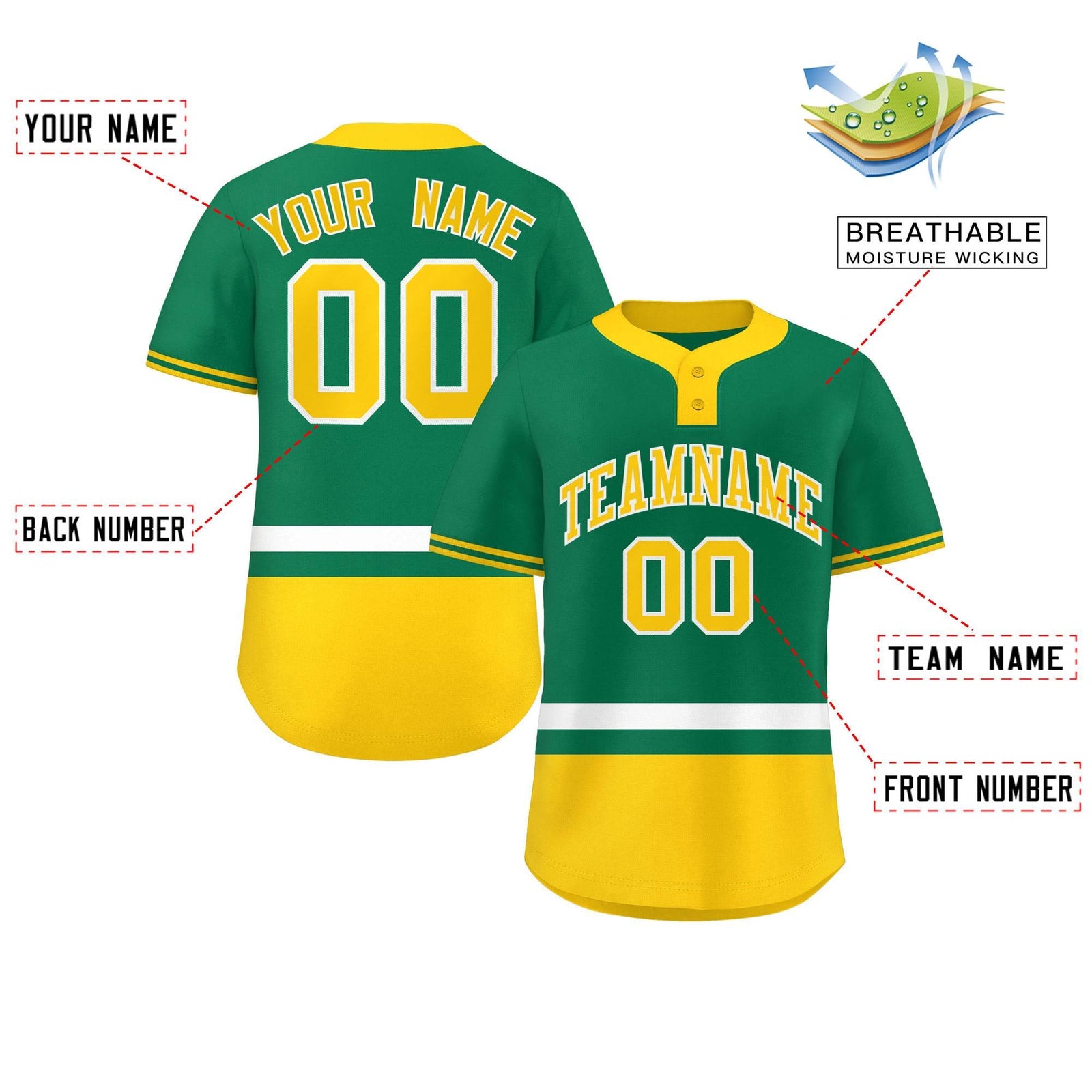 Custom Kelly Green White-Gold Color Block Personalized Authentic Two-Button Softball Jersey
