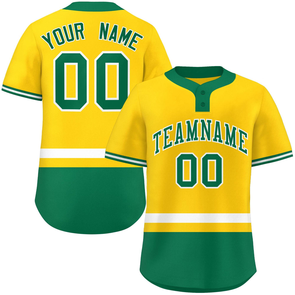 Custom Gold White-Kelly Green Color Block Personalized Authentic Two-Button Softball Jersey
