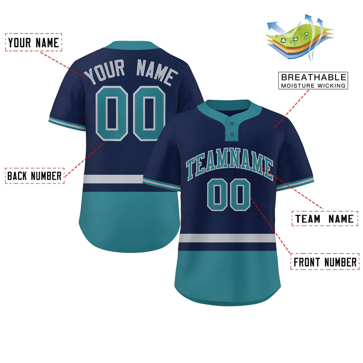 Custom Navy Gray-Aqua Color Block Personalized Authentic Two-Button Softball Jersey