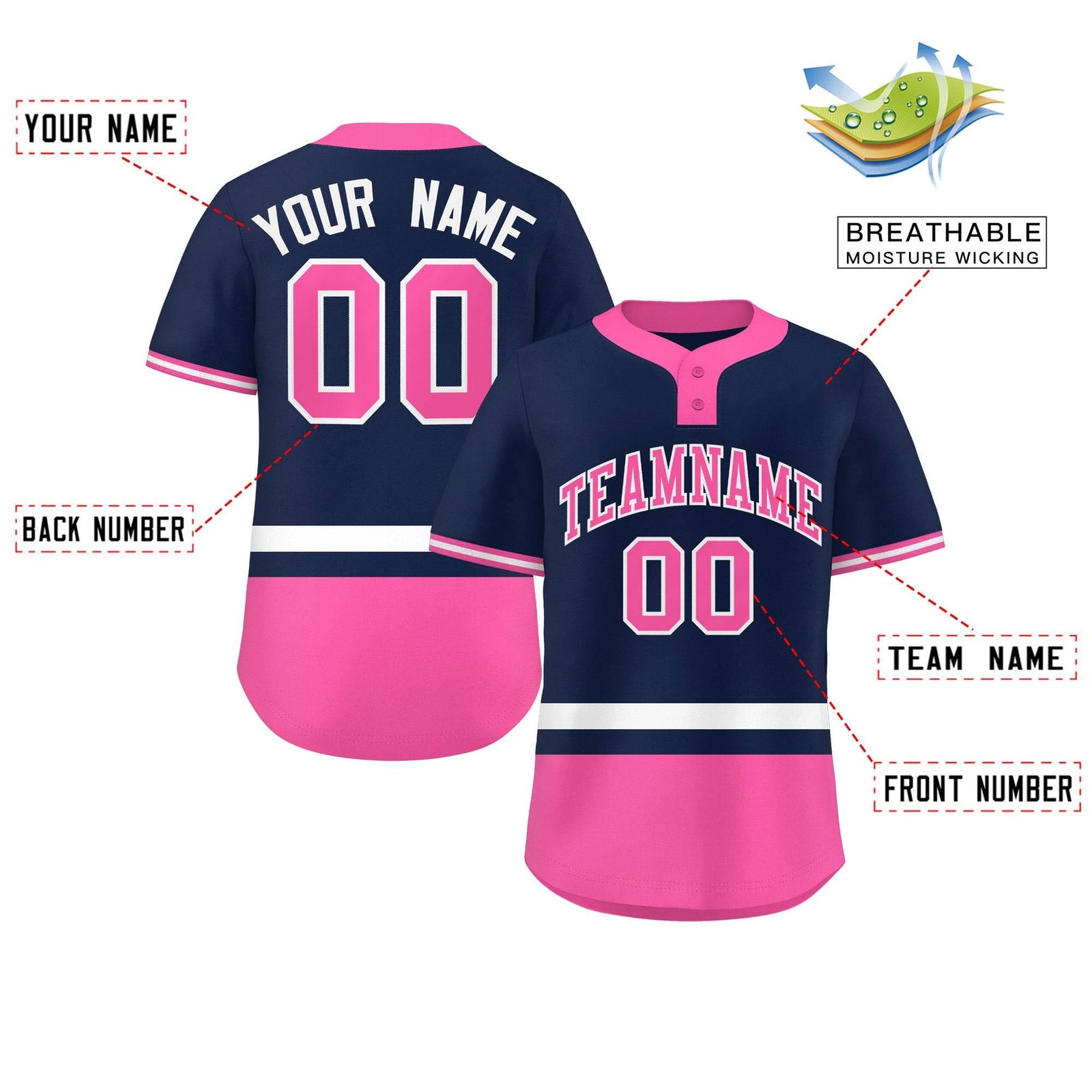 Custom Navy White-Pink Color Block Personalized Authentic Two-Button Softball Jersey