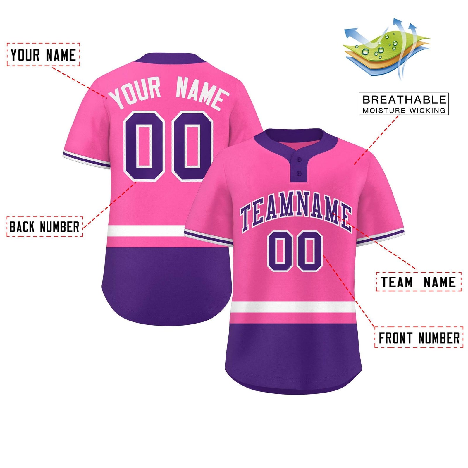Custom Pink White-Purple Color Block Personalized Authentic Two-Button Softball Jersey