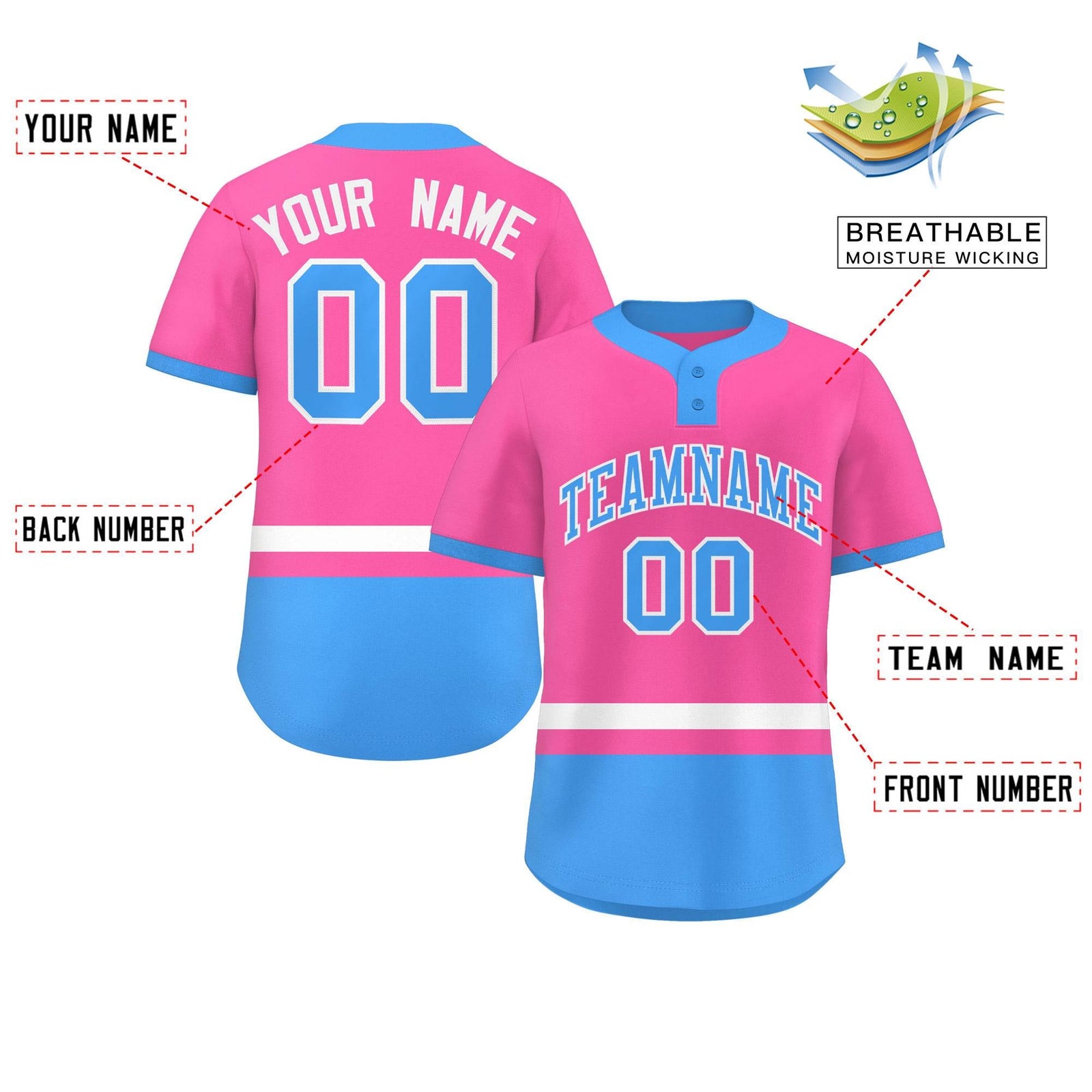 Custom Pink White-Powder Blue Color Block Personalized Authentic Two-Button Softball Jersey